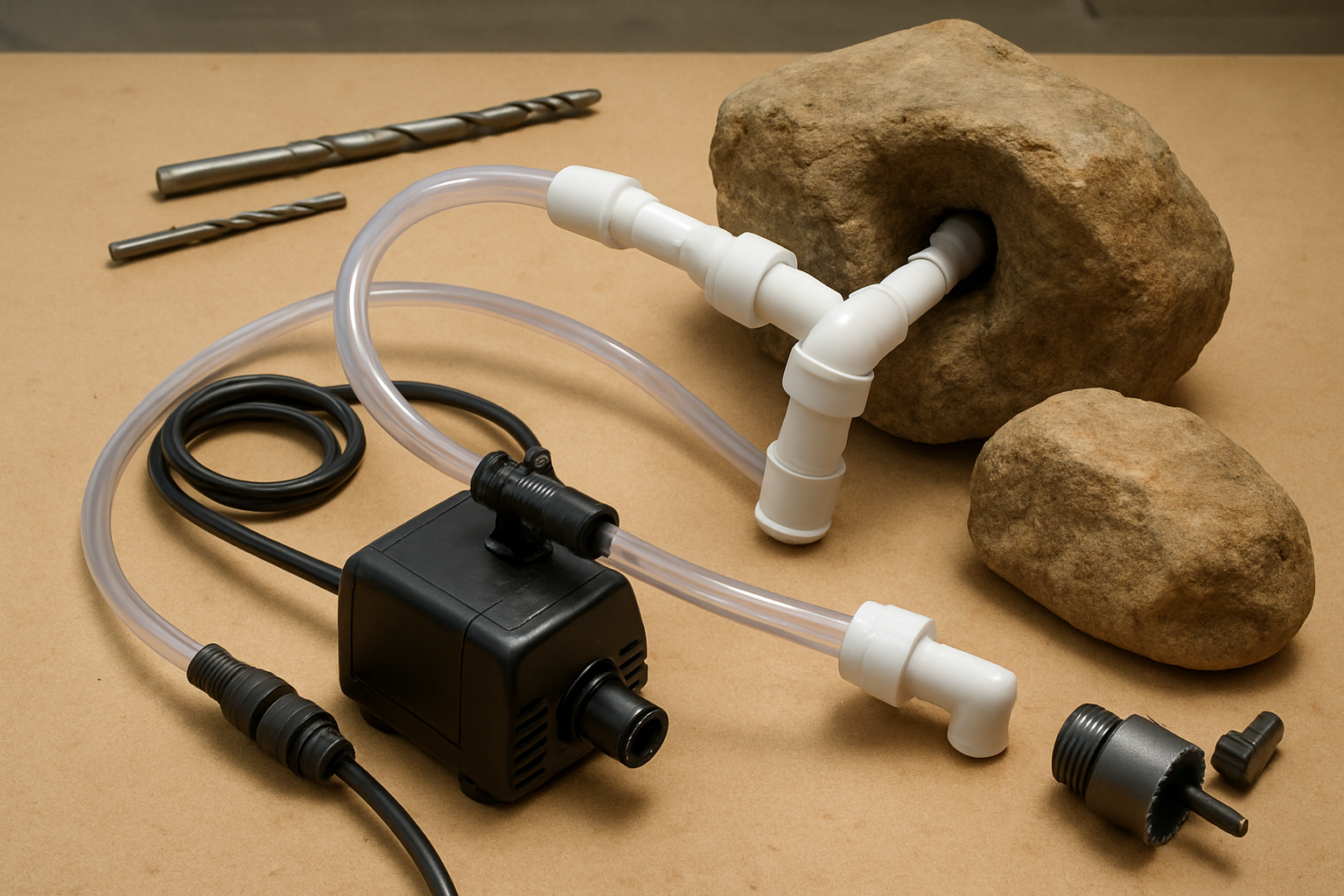 Create a realistic image of a partially assembled DIY floating rock fountain showing the hidden pump and plumbing system components, featuring a small submersible water pump, flexible clear tubing, waterproof electrical connections, and PVC pipe fittings arranged on a work surface, with natural rocks nearby that will conceal the system, tools like drill bits and hole saw attachments visible, indoor workshop lighting creating clear visibility of the technical components, focused on the mechanical assembly process. Absolutely NO text should be in the scene.