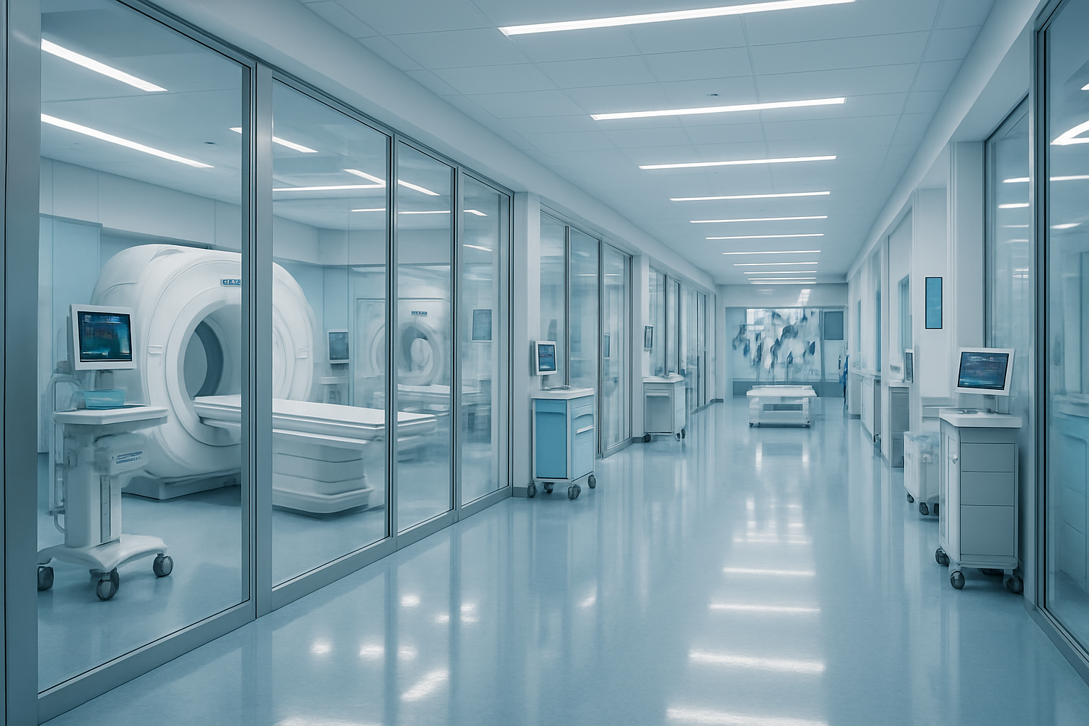 Create a realistic image of a modern hospital interior showcasing advanced medical technology and infrastructure, featuring a spacious corridor with state-of-the-art medical equipment including MRI machines, CT scanners, and robotic surgical systems visible through glass-walled rooms, clean white and blue color scheme with polished floors reflecting overhead LED lighting, contemporary architectural design with high ceilings and large windows allowing natural light, medical monitors and digital displays on walls showing patient data and diagnostics, sleek medical carts and equipment stationed along the hallway, professional hospital atmosphere with sterile and organized environment, bright and clean lighting throughout the scene, absolutely NO text should be in the scene.