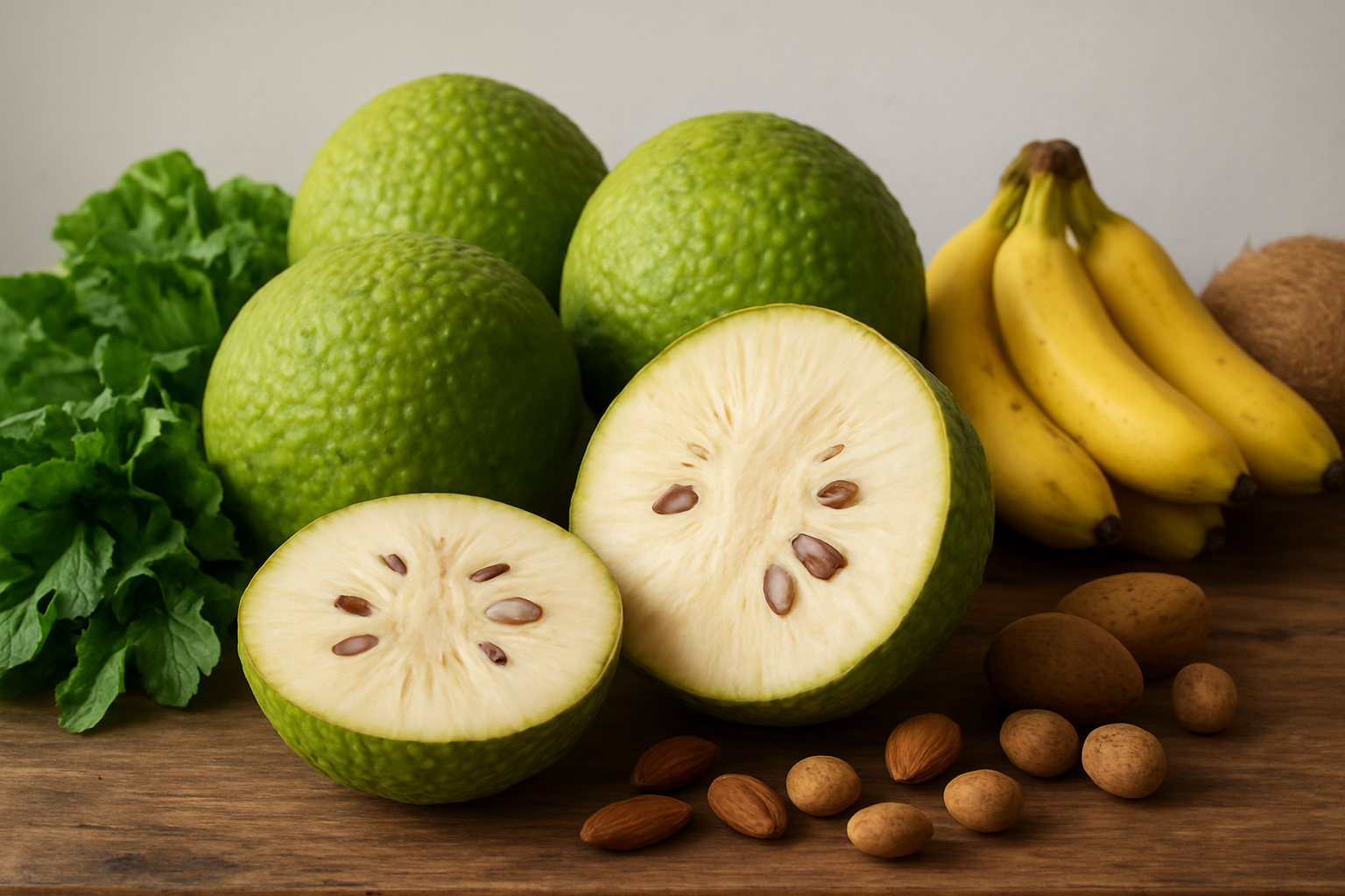 Create a realistic image of fresh breadfruit cut in half displaying its creamy white flesh and brown seeds, surrounded by vibrant green whole breadfruits, colorful tropical fruits like bananas and coconuts, fresh leafy greens, and nuts artfully arranged on a rustic wooden table, with soft natural lighting highlighting the textures and colors of the nutritious foods, set against a clean white background with subtle shadows, conveying health and abundance, absolutely NO text should be in the scene.