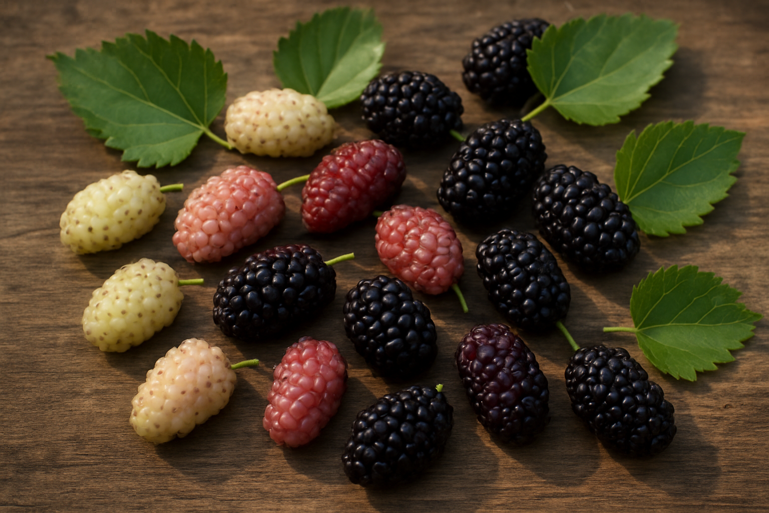 Create a realistic image of fresh mulberries in various stages of ripeness displayed on a wooden surface, showcasing their distinctive elongated oval shape and cluster formation, with some berries appearing white and unripe, others pink and transitional, and fully ripe ones in deep purple-black color, highlighting their bumpy textured surface made up of small drupelets, alongside mulberry leaves with their characteristic serrated edges and varied shapes from heart-shaped to lobed, captured in natural daylight with soft shadows to emphasize the unique physical features and textures that distinguish mulberries from other berries, absolutely NO text should be in the scene.