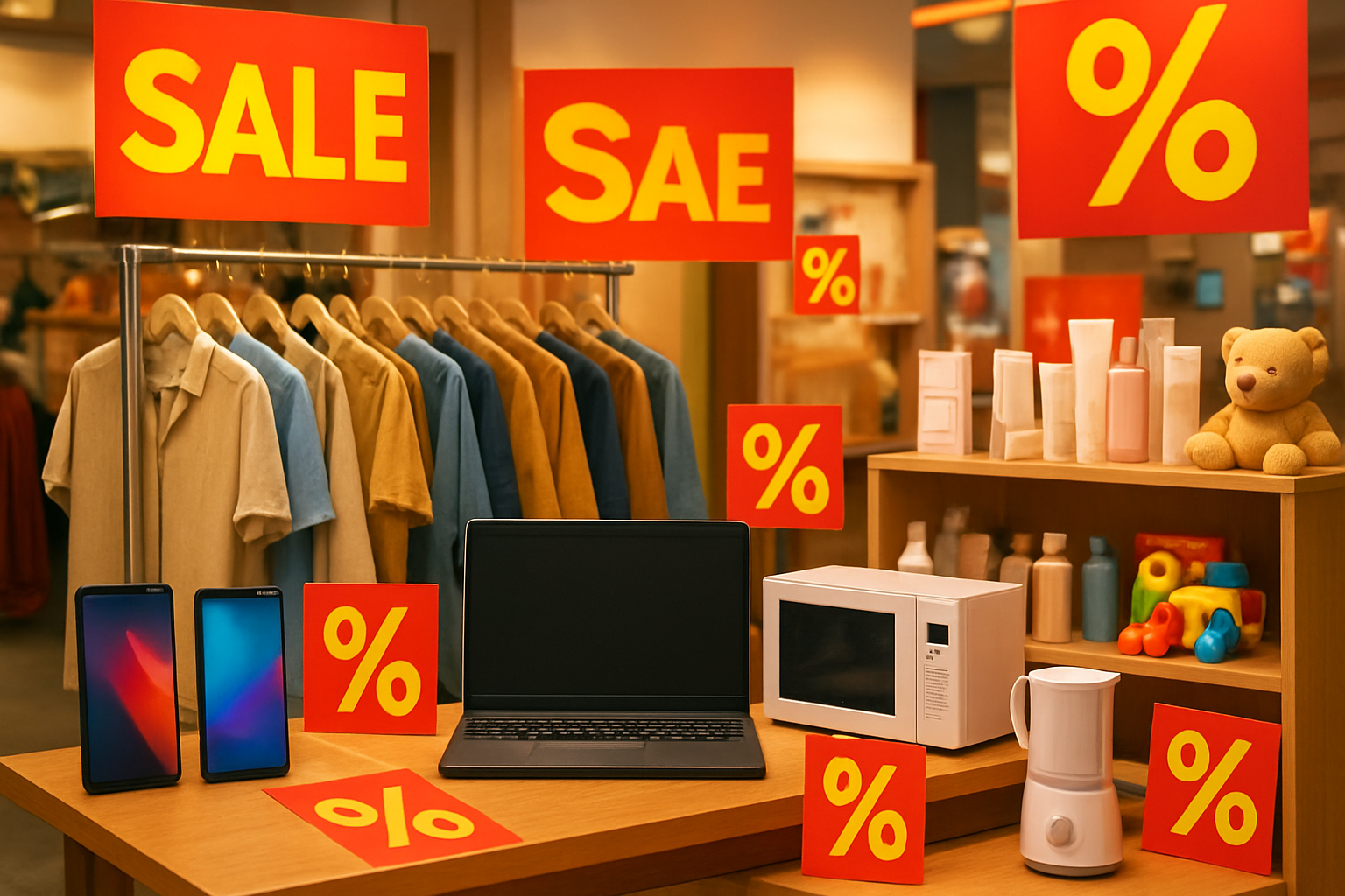 Create a realistic image of a vibrant shopping scene showing various product categories with discount tags and sale stickers, featuring electronics like smartphones and laptops, clothing items on hangers, home appliances, beauty products, and toys arranged in an organized retail display, with bright red and yellow sale banners and percentage discount signs prominently placed throughout the scene, set in a modern Mexican retail environment with warm lighting that highlights the promotional atmosphere, absolutely NO text should be in the scene.