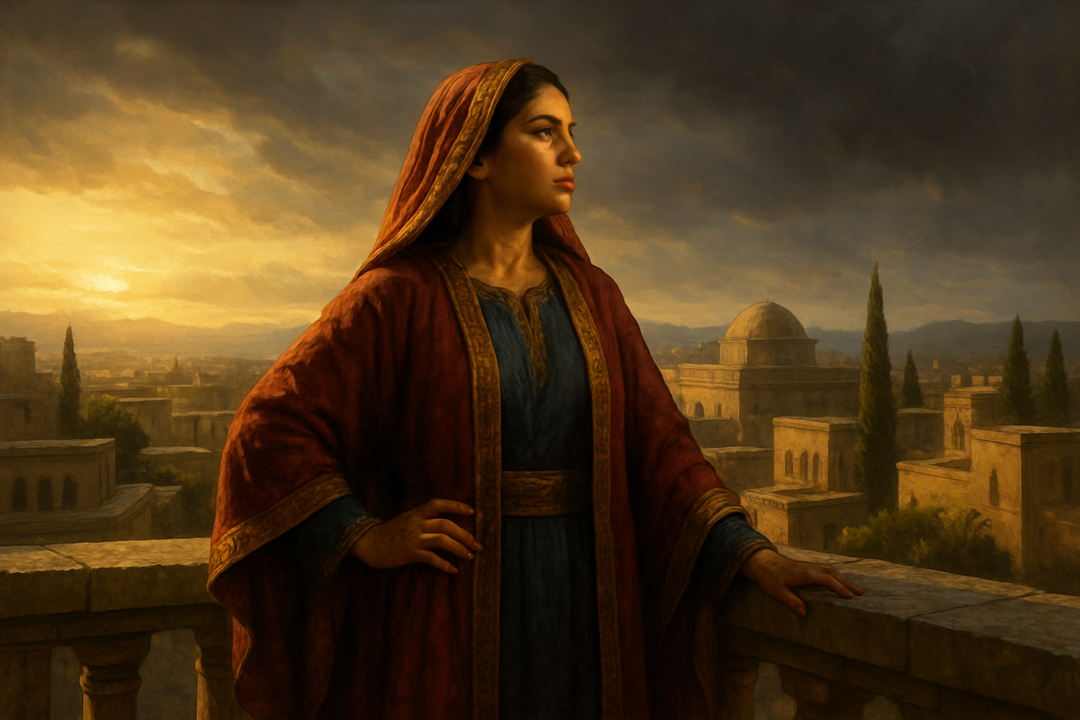 Create a realistic image of a young Middle Eastern woman in biblical-era clothing standing confidently on a stone balcony overlooking an ancient Persian city at golden hour, her posture reflecting inner strength and determination, wearing richly colored robes that suggest royalty, with warm sunlight illuminating her face as she gazes thoughtfully toward the horizon, ancient architecture and cypress trees visible in the background, the lighting creating a sense of hope and purpose despite the challenging times suggested by storm clouds gathering in the distance, absolutely NO text should be in the scene.