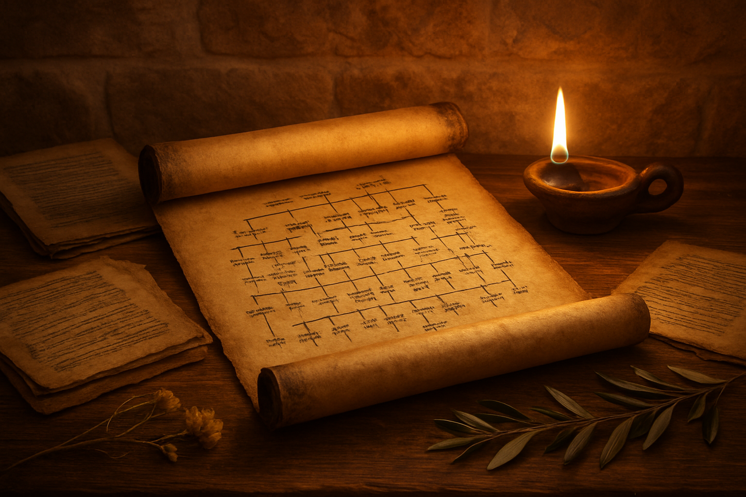 Create a realistic image of an ancient scroll or parchment partially unrolled on a wooden table, displaying a detailed genealogical family tree with interconnected lines and names in Hebrew script, surrounded by other aged biblical manuscripts, a lit oil lamp casting warm golden light across the scene, dried flowers and olive branches as decorative elements, with a Middle Eastern stone wall background featuring warm earth tones, creating a scholarly and reverent atmosphere that suggests biblical research and historical documentation, absolutely NO text should be in the scene.
