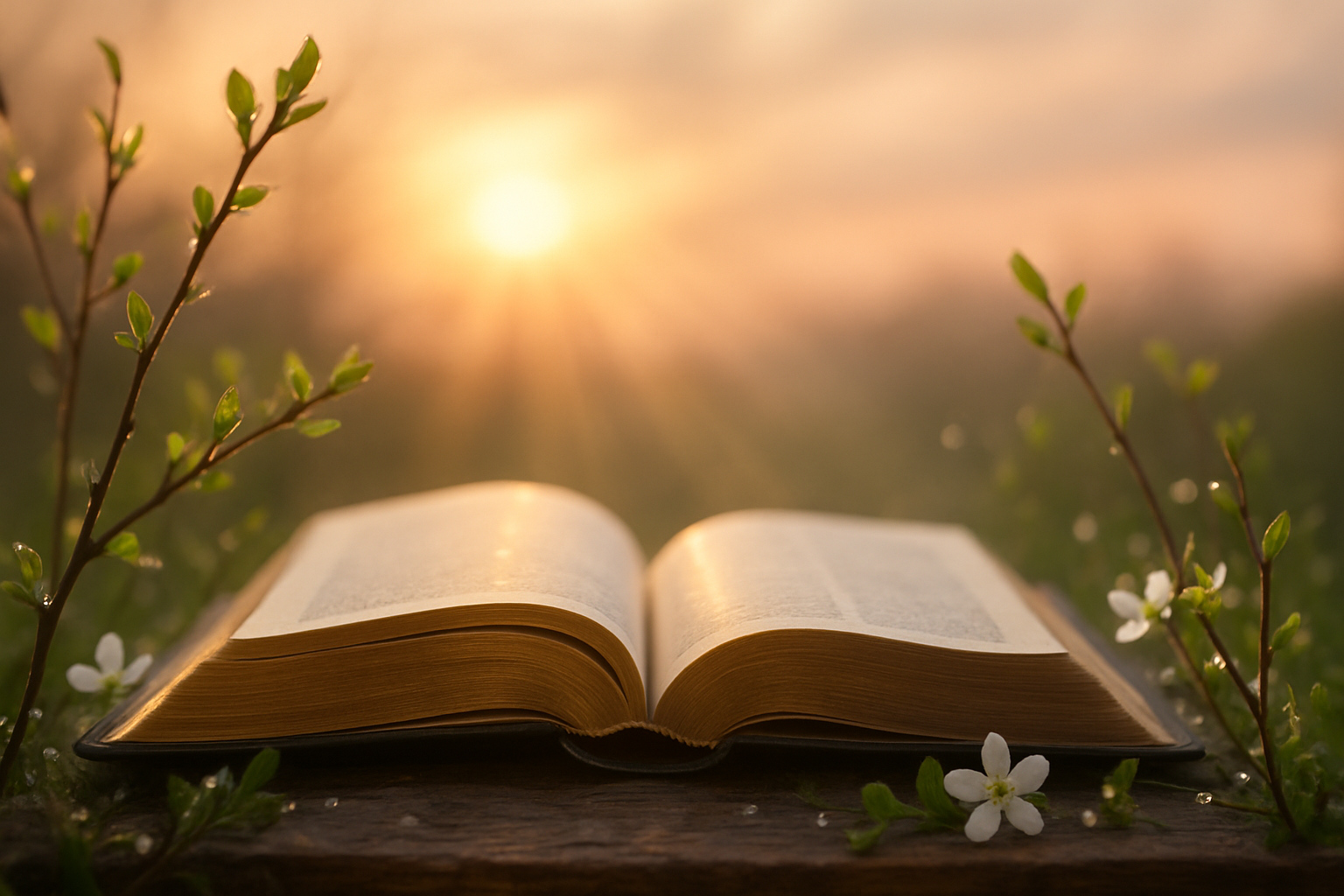 Create a realistic image of an open Bible with golden pages gently fluttering in soft morning light, surrounded by fresh spring elements including budding branches with small green leaves, delicate white flowers, and dewdrops catching the warm sunlight, set against a peaceful blurred background of a sunrise sky with soft orange and pink hues, creating an atmosphere of renewal, hope, and spiritual serenity, with gentle rays of light streaming down from above illuminating the scene, absolutely NO text should be in the scene.