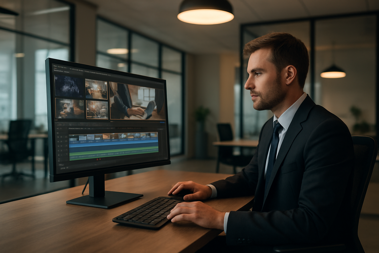 Create a realistic image of a modern corporate office setting with a professional white male in business attire sitting at a sleek desk, looking at a large computer monitor displaying a video editing interface with multiple video thumbnails and timeline elements, surrounded by contemporary office furniture, warm ambient lighting from overhead fixtures and natural light from nearby windows, conveying a productive and innovative atmosphere with clean minimalist design elements and subtle technology accessories on the desk, absolutely NO text should be in the scene.