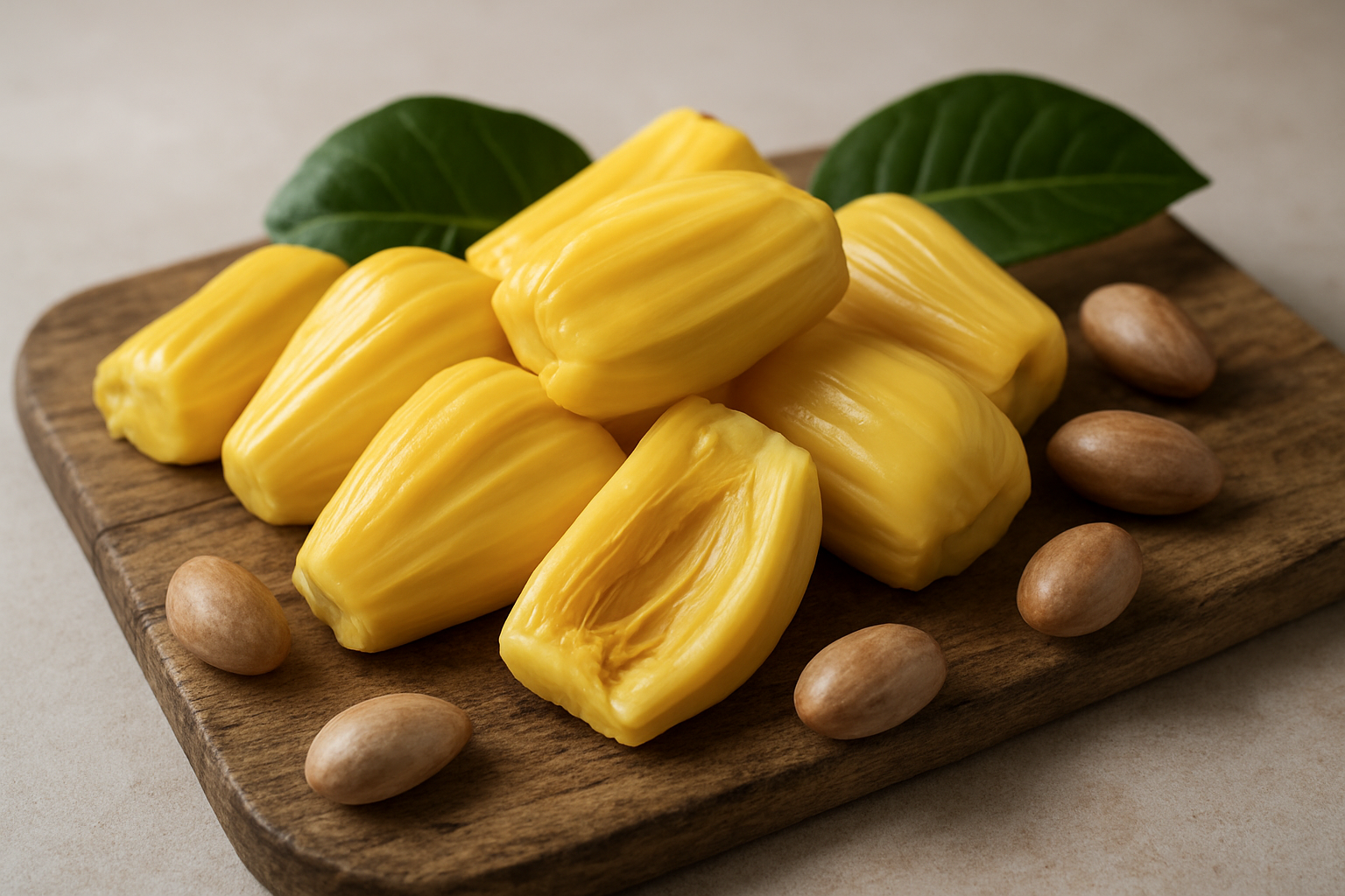 Create a realistic image of fresh jackfruit pieces arranged on a rustic wooden cutting board, showing the bright yellow flesh with its unique segmented texture, some pieces cut to reveal the fibrous interior, surrounded by a few whole jackfruit seeds, with soft natural lighting creating gentle shadows, and a few green jackfruit leaves as garnish, set against a clean neutral background to highlight the fruit's vibrant golden color and distinctive appearance, captured in close-up detail to showcase the tropical fruit's natural texture and appeal, absolutely NO text should be in the scene.