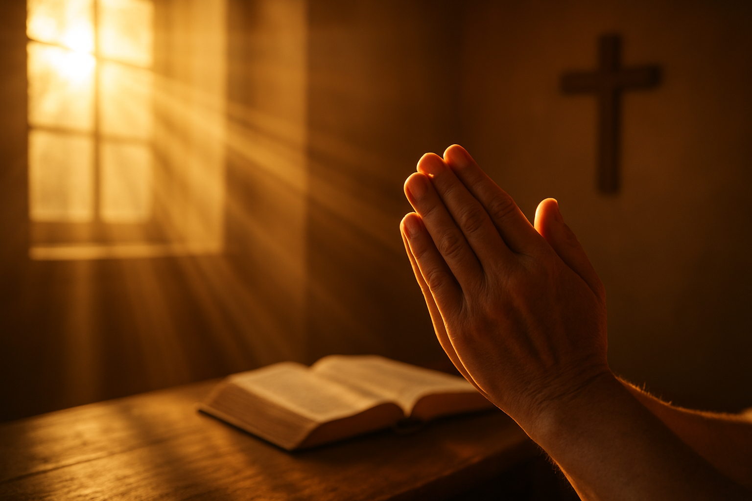 Create a realistic image of a peaceful prayer scene showing gentle hands folded in prayer position with soft golden sunlight streaming through a window, creating warm rays of light that extend outward symbolizing the far-reaching influence of prayers, with a serene indoor setting featuring subtle religious elements like a cross or open Bible in the background, captured in warm golden and soft amber lighting that conveys hope, faith, and spiritual connection, absolutely NO text should be in the scene.