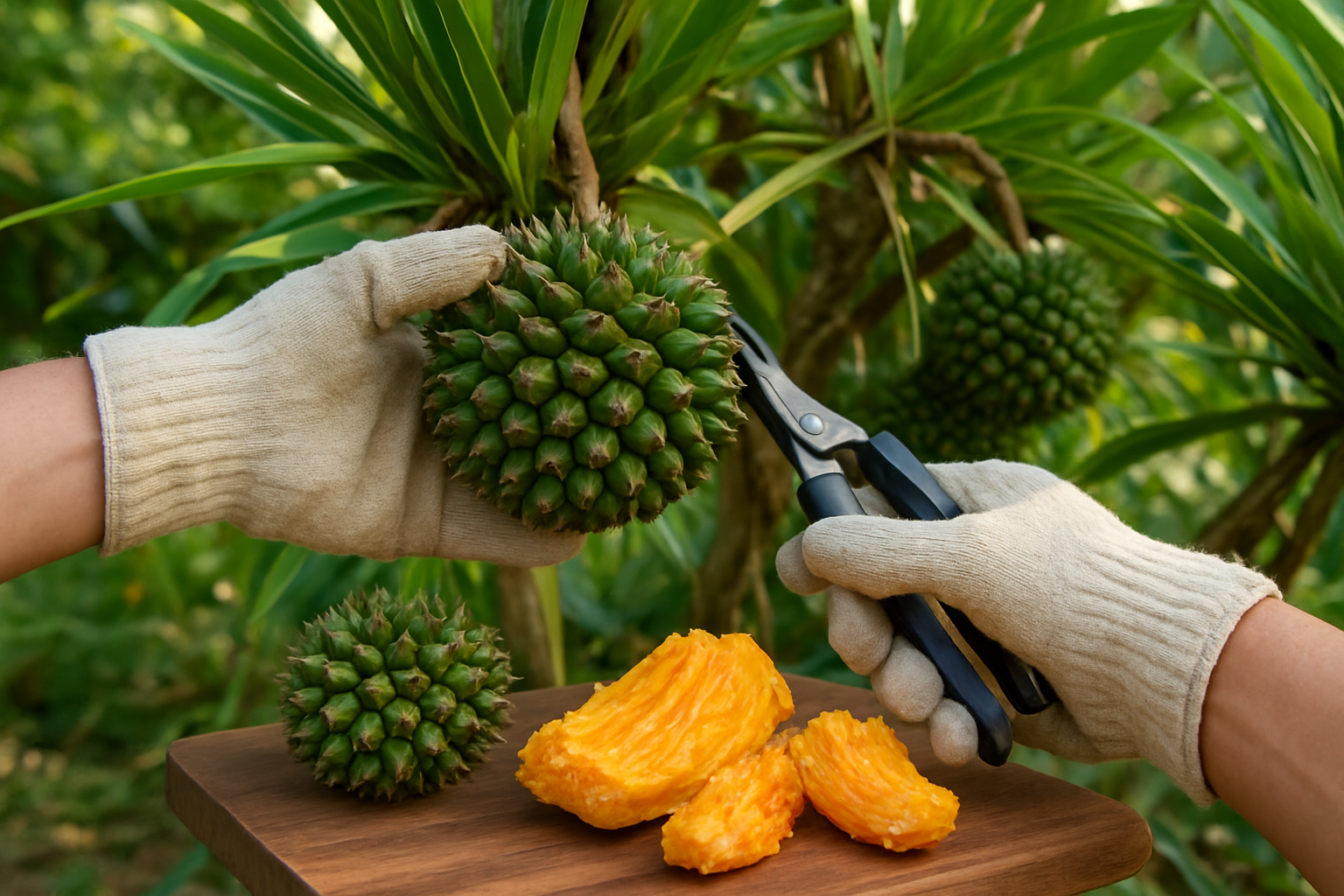 Create a realistic image of hands wearing protective gloves carefully harvesting spiky pandanus fruits from a pandanus tree, with some fruits being processed on a wooden cutting board nearby showing the fibrous orange segments being separated, set in a tropical outdoor environment with natural daylight, focusing on the safe handling techniques and proper equipment needed for pandanus fruit harvesting and processing, absolutely NO text should be in the scene.