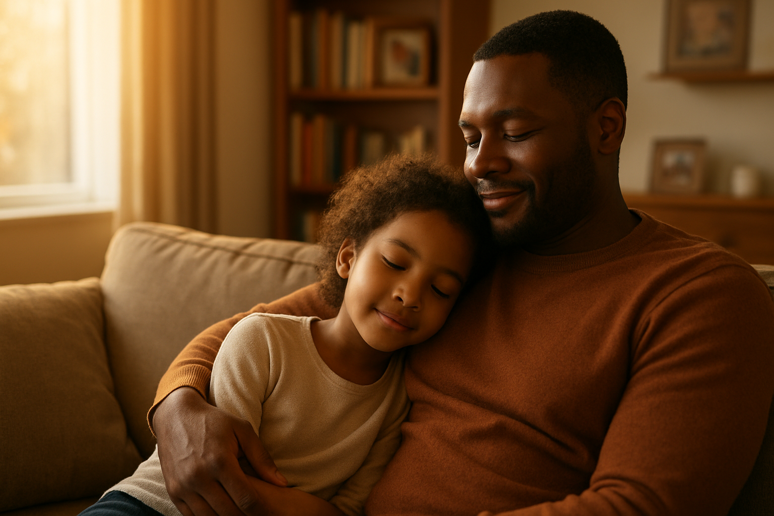 Create a realistic image of a warm, nurturing scene showing a black father and his young child sitting together on a comfortable couch in a cozy living room, with the father's arm gently around the child as they share a quiet moment, soft natural lighting streaming through a nearby window creating a golden glow, bookshelves and family photos visible in the blurred background, both subjects appearing relaxed and content, conveying feelings of security, love, and strong family bonds, shot from a slightly angled perspective to capture their emotional connection, absolutely NO text should be in the scene.