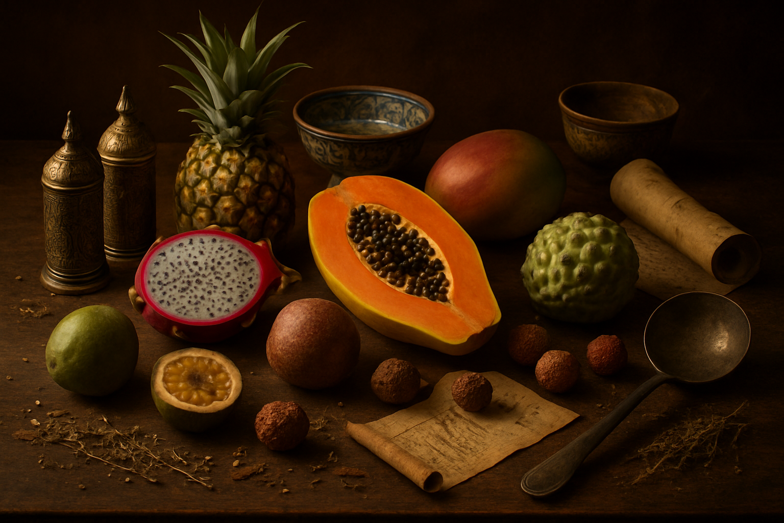Create a realistic image of an elegant wooden table displaying an array of exotic and common fruits alongside cultural artifacts from different regions - including ornate spice jars, traditional ceramic bowls, vintage cooking utensils, and ancient-looking recipe scrolls, with some fruits cut open to reveal their inner structures, surrounded by dried herbs and spices scattered artistically around the scene, warm golden lighting creating shadows and highlights that emphasize the mysterious and discovery-focused atmosphere, shot from a slight overhead angle to showcase the arrangement of hidden culinary treasures, absolutely NO text should be in the scene.