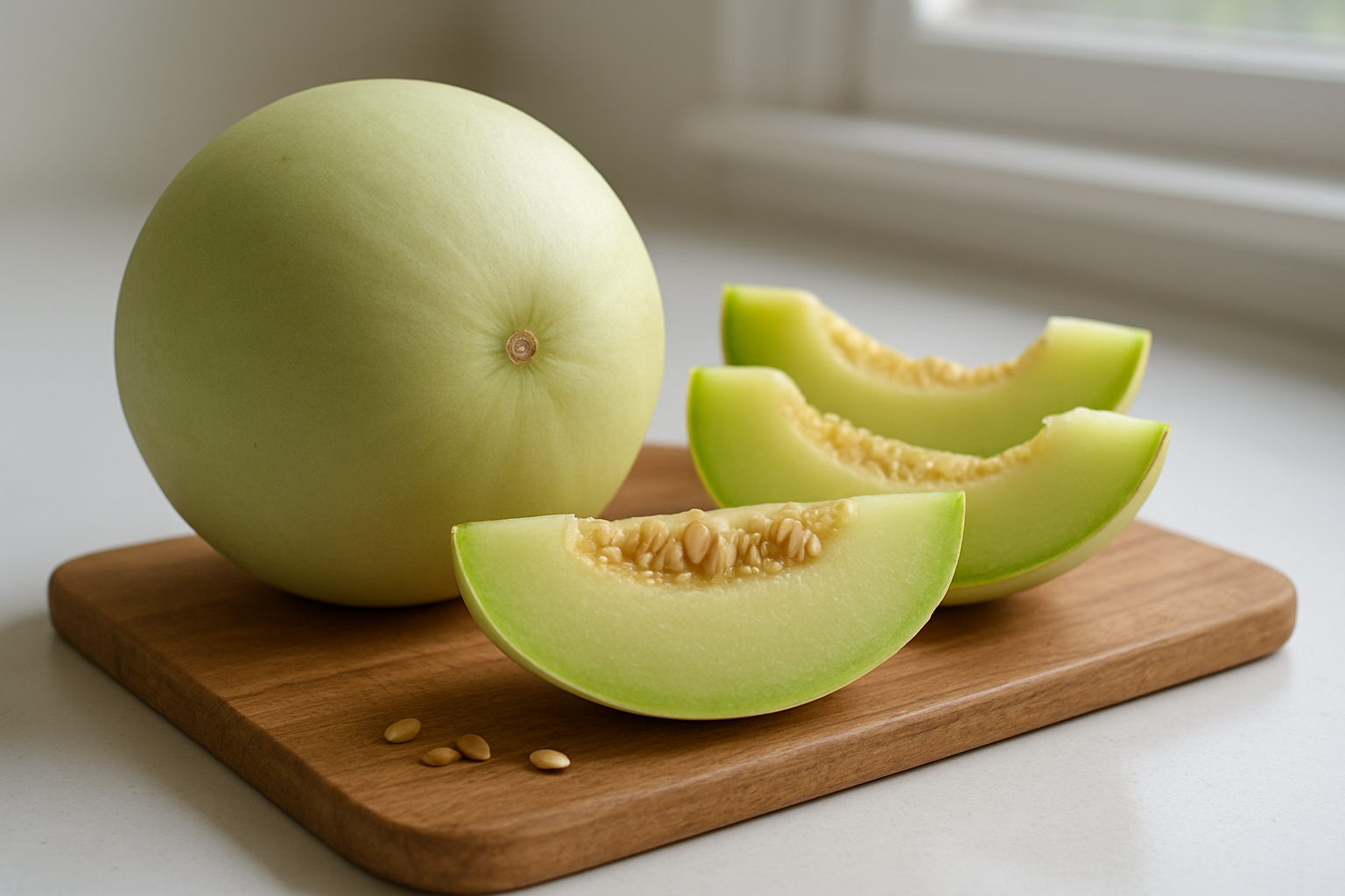Create a realistic image of a whole fresh honeydew melon with smooth pale green skin sitting on a wooden cutting board, alongside several cut wedges showing the light green flesh and central seed cavity, with a few scattered seeds visible, placed on a clean white kitchen counter with soft natural lighting from a window, creating gentle shadows that highlight the melon's texture and the juicy appearance of the flesh. Absolutely NO text should be in the scene.