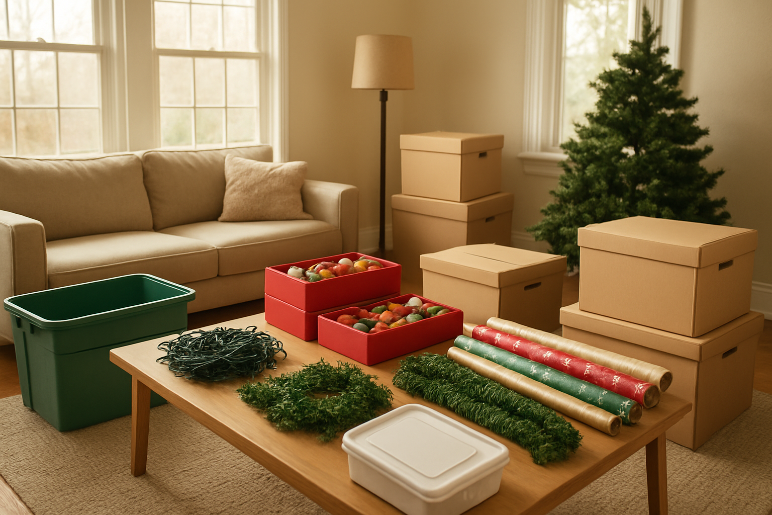 Create a realistic image of a well-organized living room during post-Christmas cleanup showing efficiently sorted piles of Christmas decorations including carefully coiled string lights, neatly stacked ornament boxes, rolled wrapping paper, and folded garlands arranged on a coffee table and floor, with storage containers and labeled boxes nearby, a partially dismantled Christmas tree in the corner, warm natural lighting streaming through windows creating a productive and systematic cleanup atmosphere, shot from a wide angle to show the organized efficiency of the decluttering process, absolutely NO text should be in the scene.
