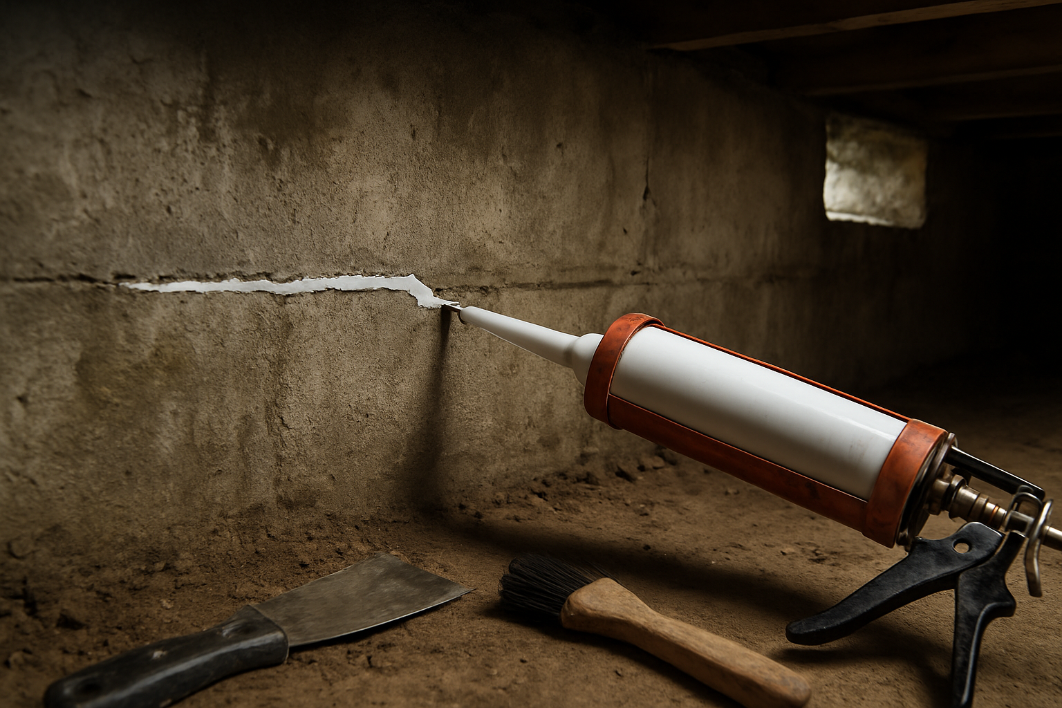 Create a realistic image of a close-up view of a concrete foundation wall in a crawl space showing visible hairline cracks being sealed with white caulk or sealant, with a caulk gun positioned near the crack, weatherproofing tools like a putty knife and wire brush lying nearby on the ground, dim natural lighting filtering through a small crawl space opening, creating shadows on the rough concrete surface, moisture stains visible on parts of the foundation wall, and a professional workmanlike atmosphere suggesting DIY home repair work in progress, Absolutely NO text should be in the scene.