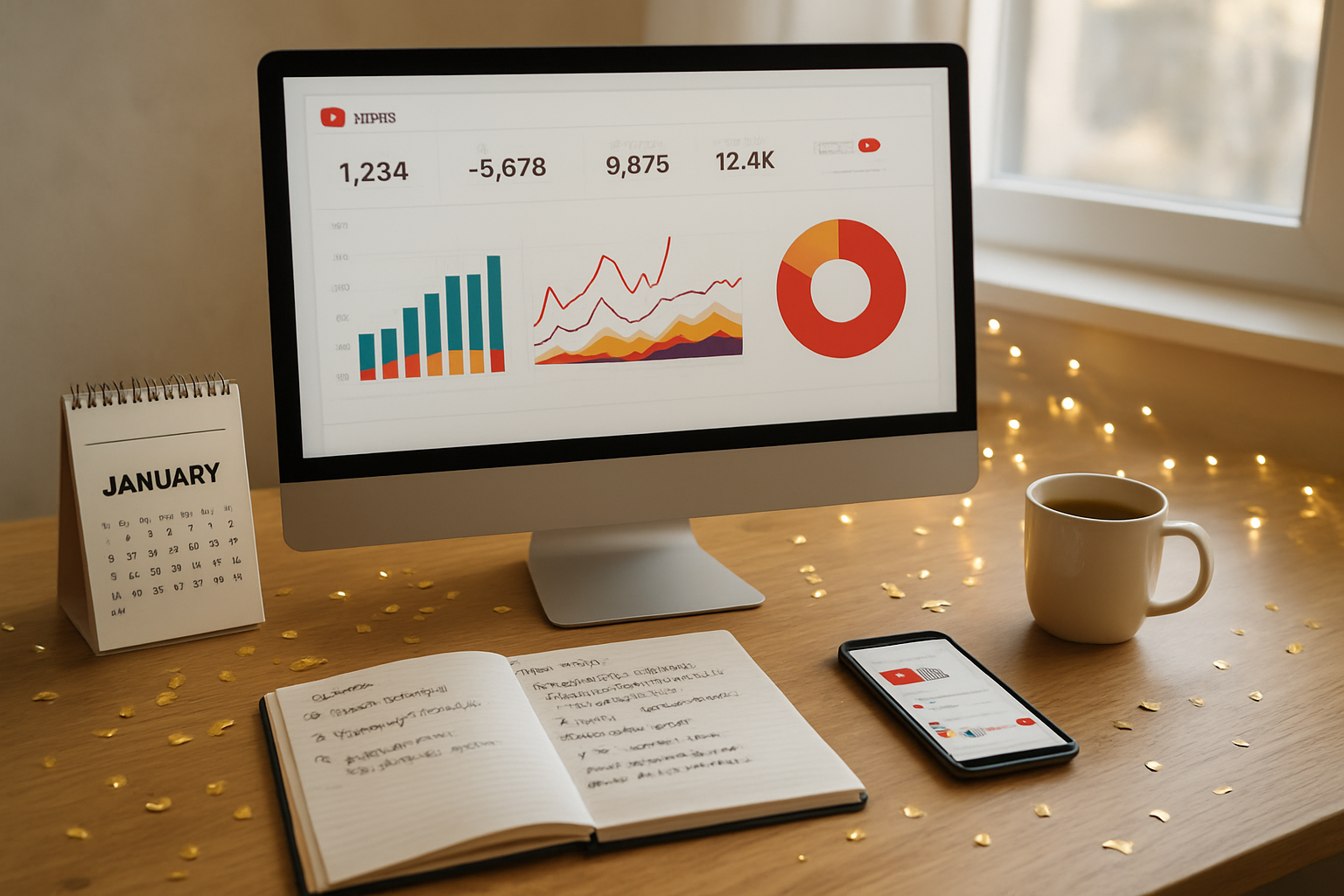 Create a realistic image of a modern workspace setup featuring a sleek computer monitor displaying a YouTube analytics dashboard with colorful graphs and view counts, surrounded by New Year themed elements including a small calendar showing January, golden confetti scattered on the desk, a notebook with handwritten goals and video ideas, a smartphone displaying YouTube mobile interface, warm fairy lights creating a cozy ambiance, and a cup of coffee on a wooden desk, with soft natural lighting coming from a window in the background creating an inspiring and successful content creator atmosphere, absolutely NO text should be in the scene.