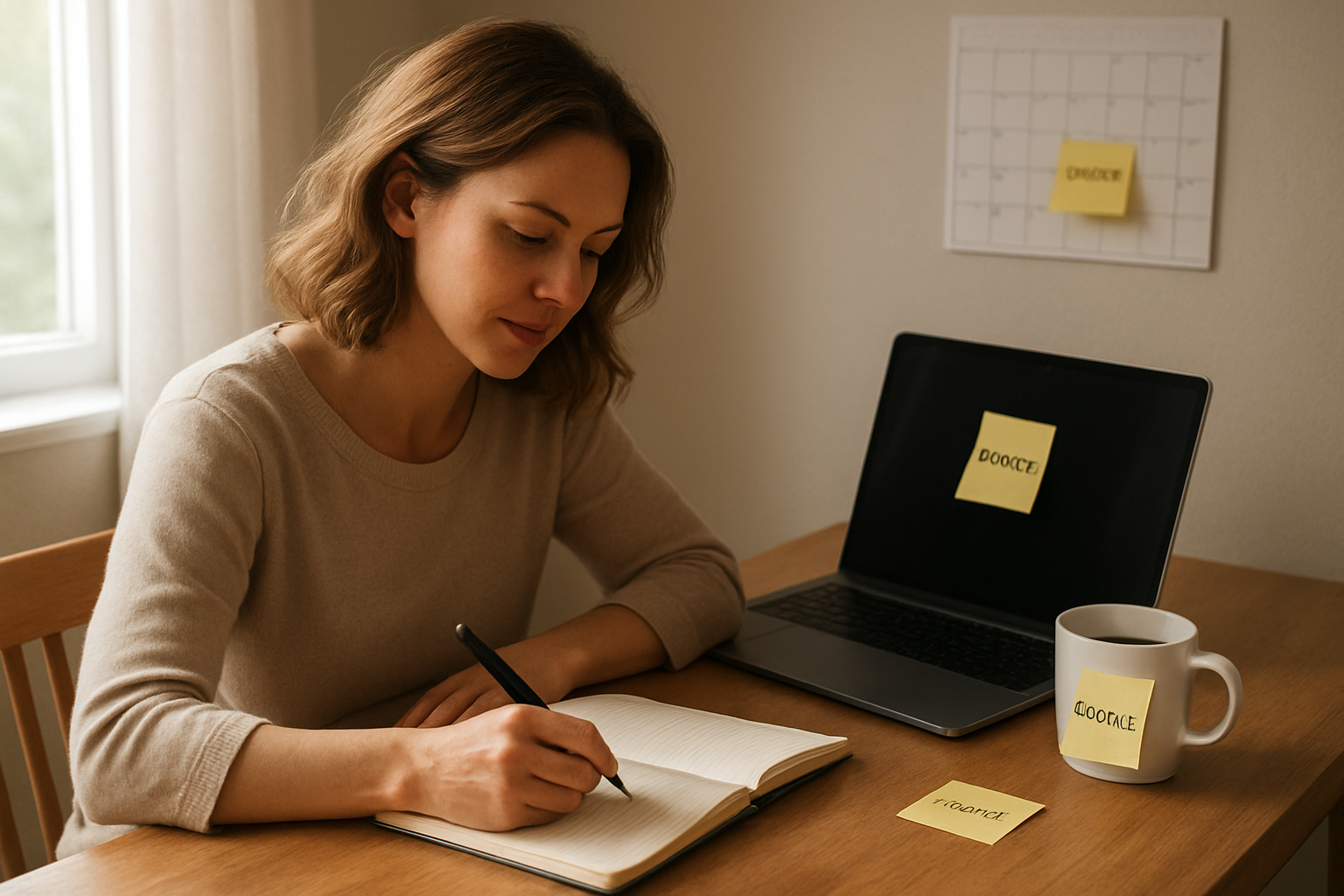Create a realistic image of a white female in her 30s sitting at a wooden desk writing in a journal with sticky notes containing single inspiring words like "growth" and "courage" placed around her workspace, including on her laptop screen, coffee mug, and wall calendar, with soft natural lighting from a nearby window creating a peaceful morning atmosphere in a cozy home office setting. Absolutely NO text should be in the scene.
