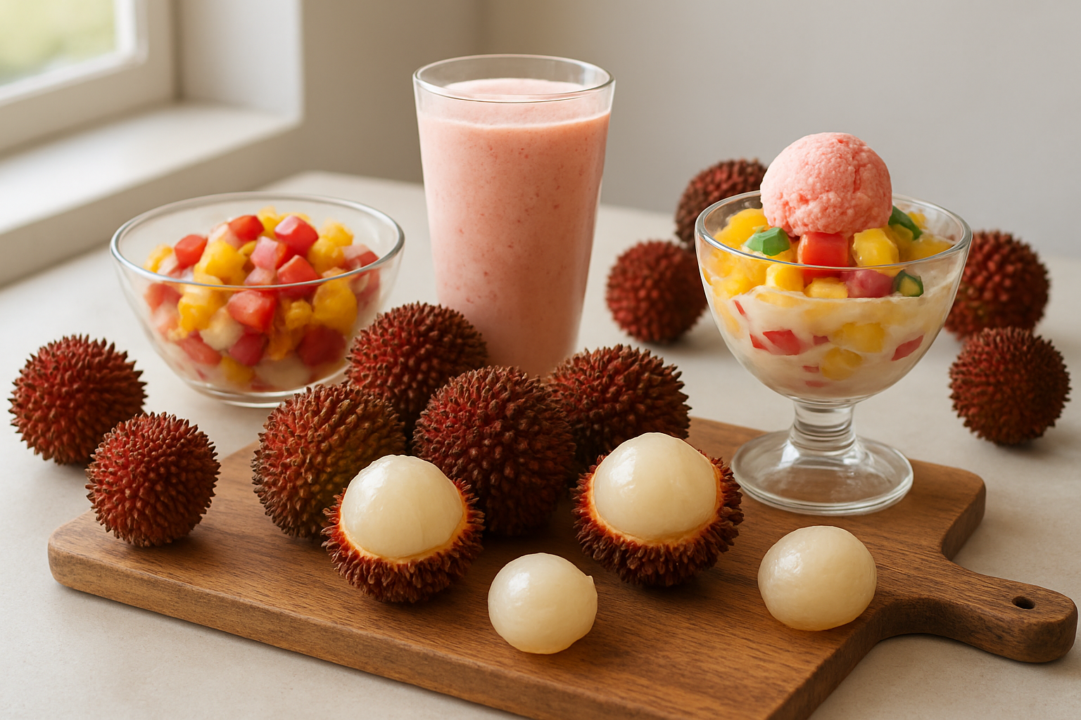 Create a realistic image of fresh pulasan fruits artfully arranged on a rustic wooden cutting board alongside creative culinary preparations including pulasan fruit salad in a glass bowl, pulasan smoothie in a tall glass, and pulasan incorporated into a colorful dessert, with some fruits peeled to show the translucent white flesh, scattered on a clean kitchen counter with soft natural lighting from a nearby window, featuring warm and inviting tones that highlight the exotic nature of the fruit and its versatility in cooking, absolutely NO text should be in the scene.