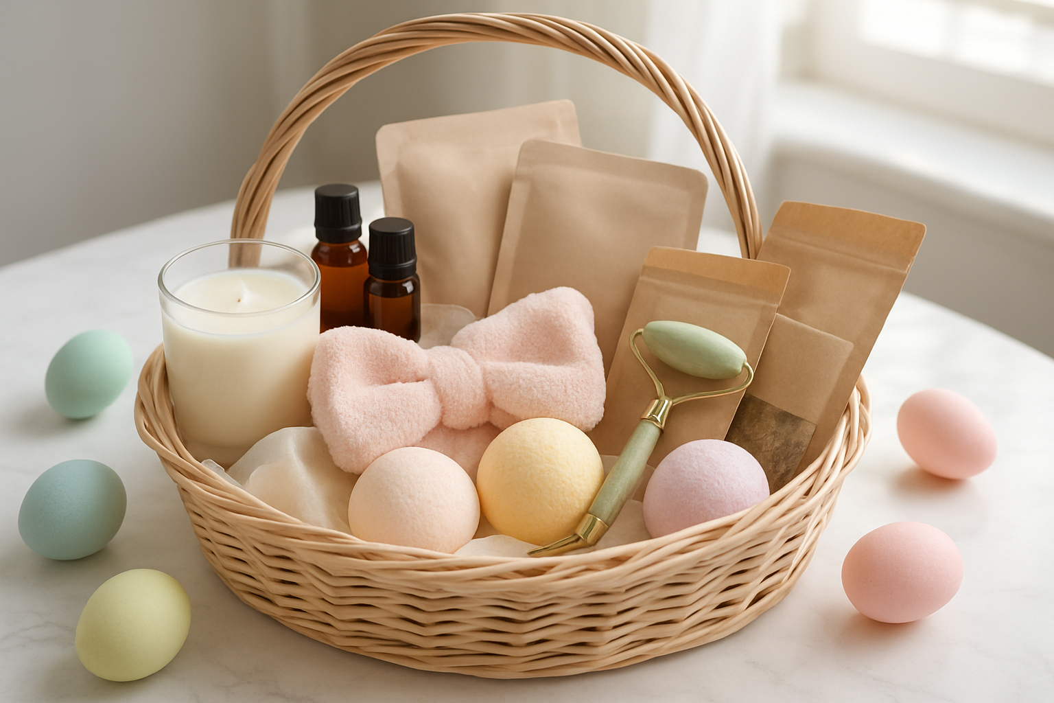 Create a realistic image of an elegant Easter gift basket filled with self-care and wellness items including scented candles, essential oil bottles, facial masks, bath bombs, a jade roller, herbal tea packages, and a soft spa headband, arranged on a clean white marble surface with soft pastel Easter eggs scattered around, gentle natural lighting from a window creating a serene and relaxing atmosphere, shot from a slightly elevated angle to showcase all the wellness products clearly, absolutely NO text should be in the scene.