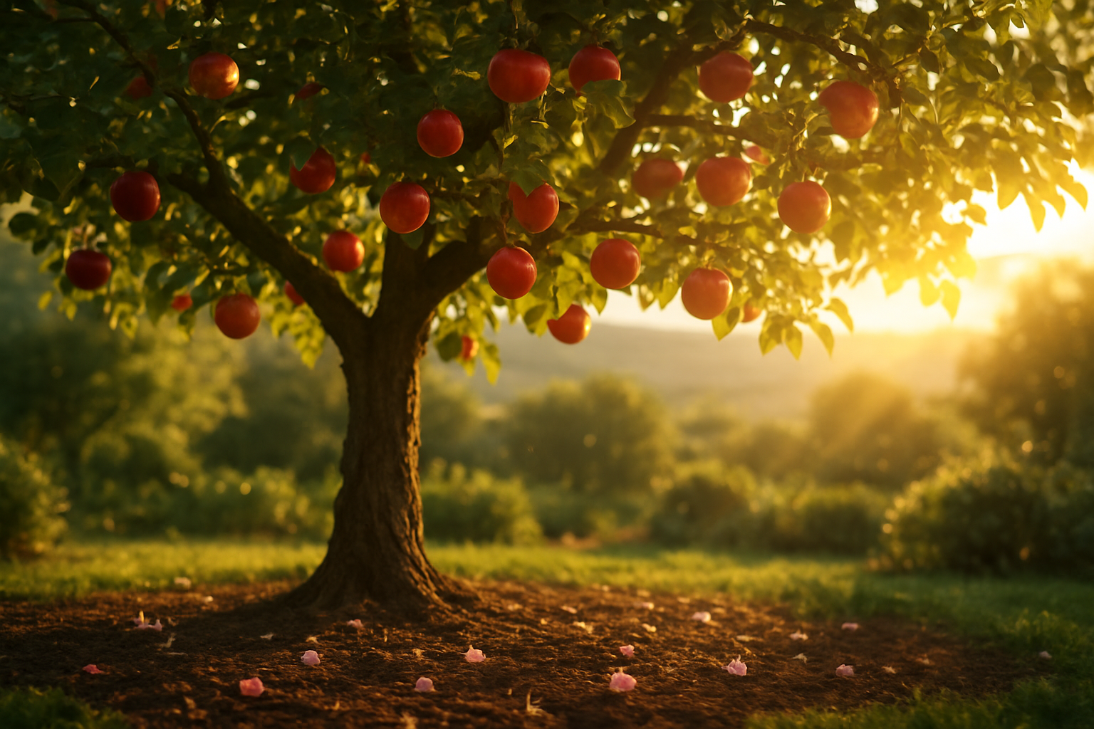 Create a realistic image of a peaceful garden scene with a mature fruit tree bearing abundant, ripe red apples in golden hour lighting, with soft sunbeams filtering through the leaves creating a warm, serene atmosphere, gentle rolling hills visible in the background, a few flower petals scattered on the rich earth below the tree, conveying a sense of spiritual abundance, growth, and divine blessing through nature's bounty, shot from a slightly low angle to emphasize the tree's strength and fruitfulness, with a soft bokeh effect in the background creating depth and tranquility, absolutely NO text should be in the scene.