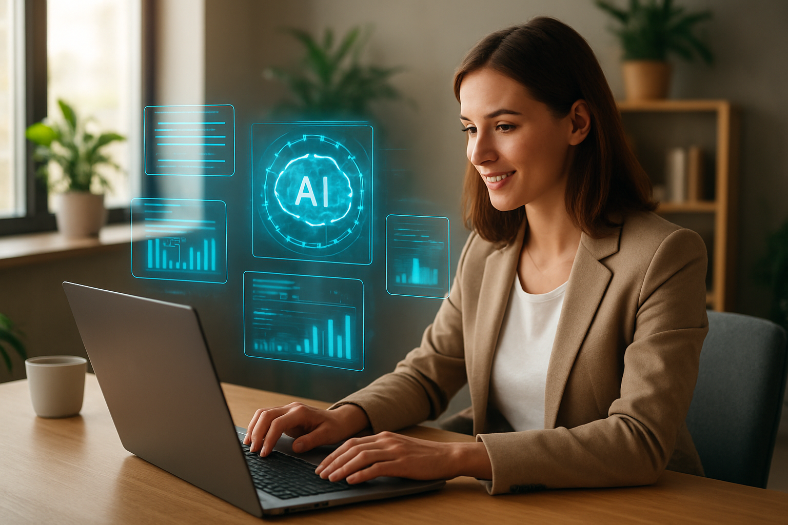 Create a realistic image of a modern office workspace showing a white female professional sitting at a sleek desk working collaboratively with AI technology, with a laptop displaying code or data visualizations, floating holographic interface elements suggesting AI assistance, warm natural lighting from a large window, plants and modern office decor in the background creating a productive atmosphere, the scene capturing the synergy between human intelligence and artificial intelligence through seamless integration of technology and human workflow, absolutely NO text should be in the scene.
