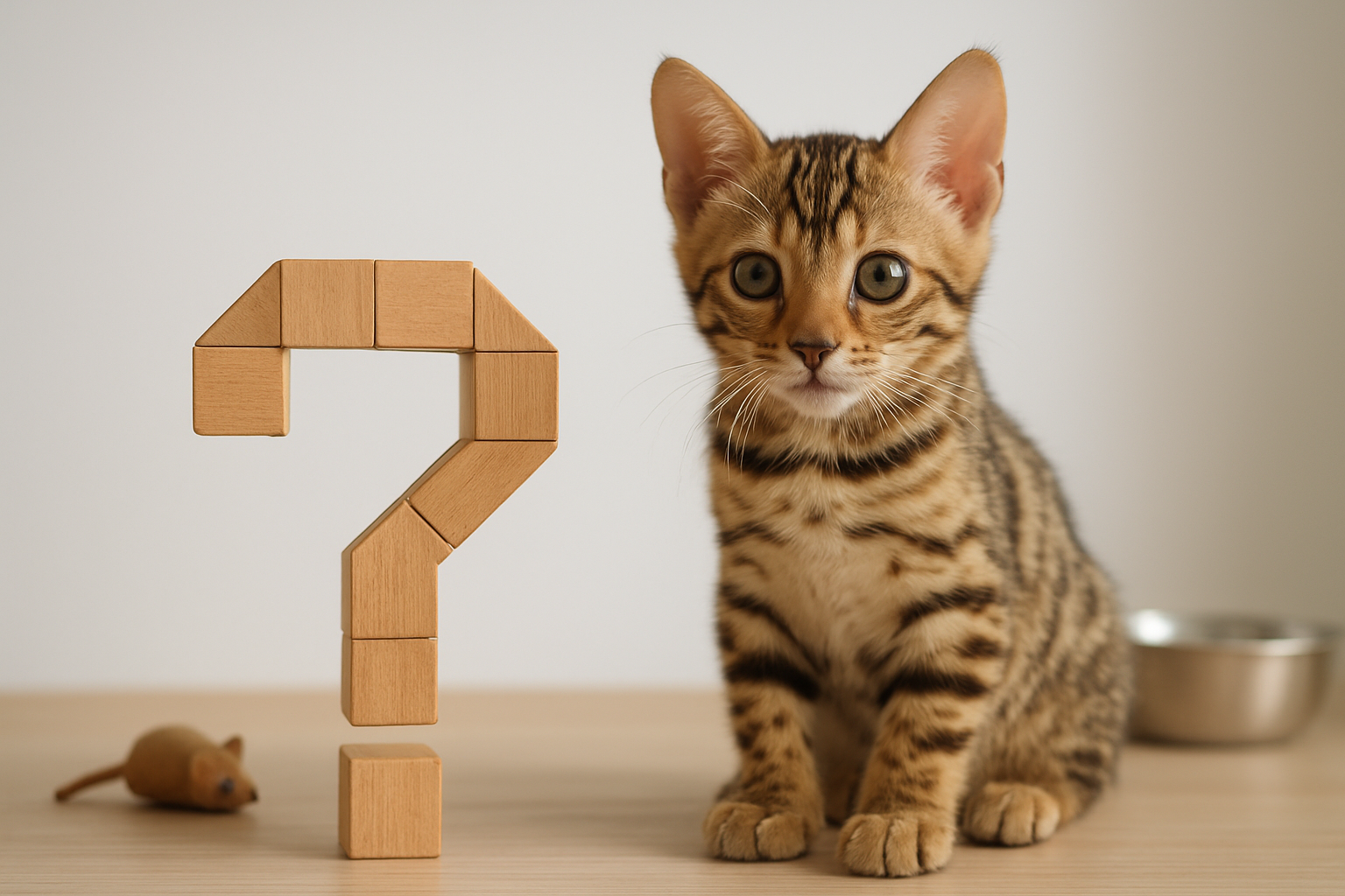 Create a realistic image of a beautiful Bengal kitten with distinctive spotted markings sitting next to a question mark symbol made of wooden blocks, with soft natural lighting illuminating the scene against a clean white background, capturing the kitten's curious expression and alert ears, with additional Bengal cat-related items like a small toy mouse and feeding bowl visible in the background, conveying a helpful and informative atmosphere perfect for answering common questions about Bengal cats, absolutely NO text should be in the scene.