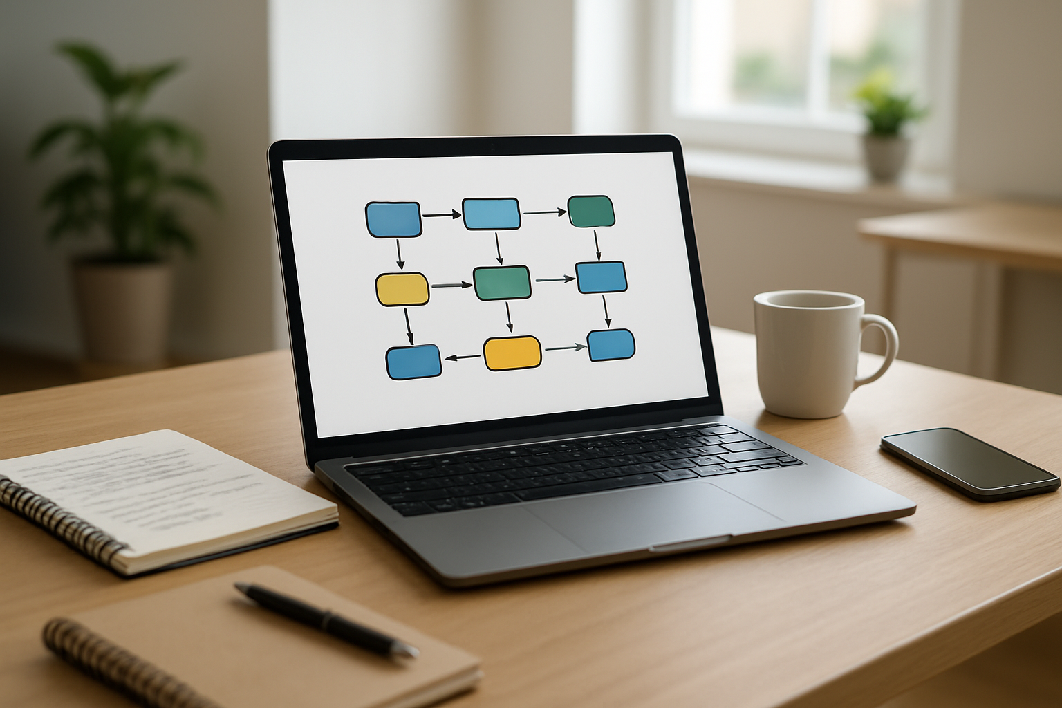Create a realistic image of a modern workspace showing a developer's desk with an open laptop displaying a workflow diagram with connected nodes and arrows, surrounded by coding notebooks, a coffee mug, and a smartphone, with a clean office background featuring soft natural lighting from a window, conveying a productive and organized atmosphere of someone beginning to implement automation workflows, absolutely NO text should be in the scene.