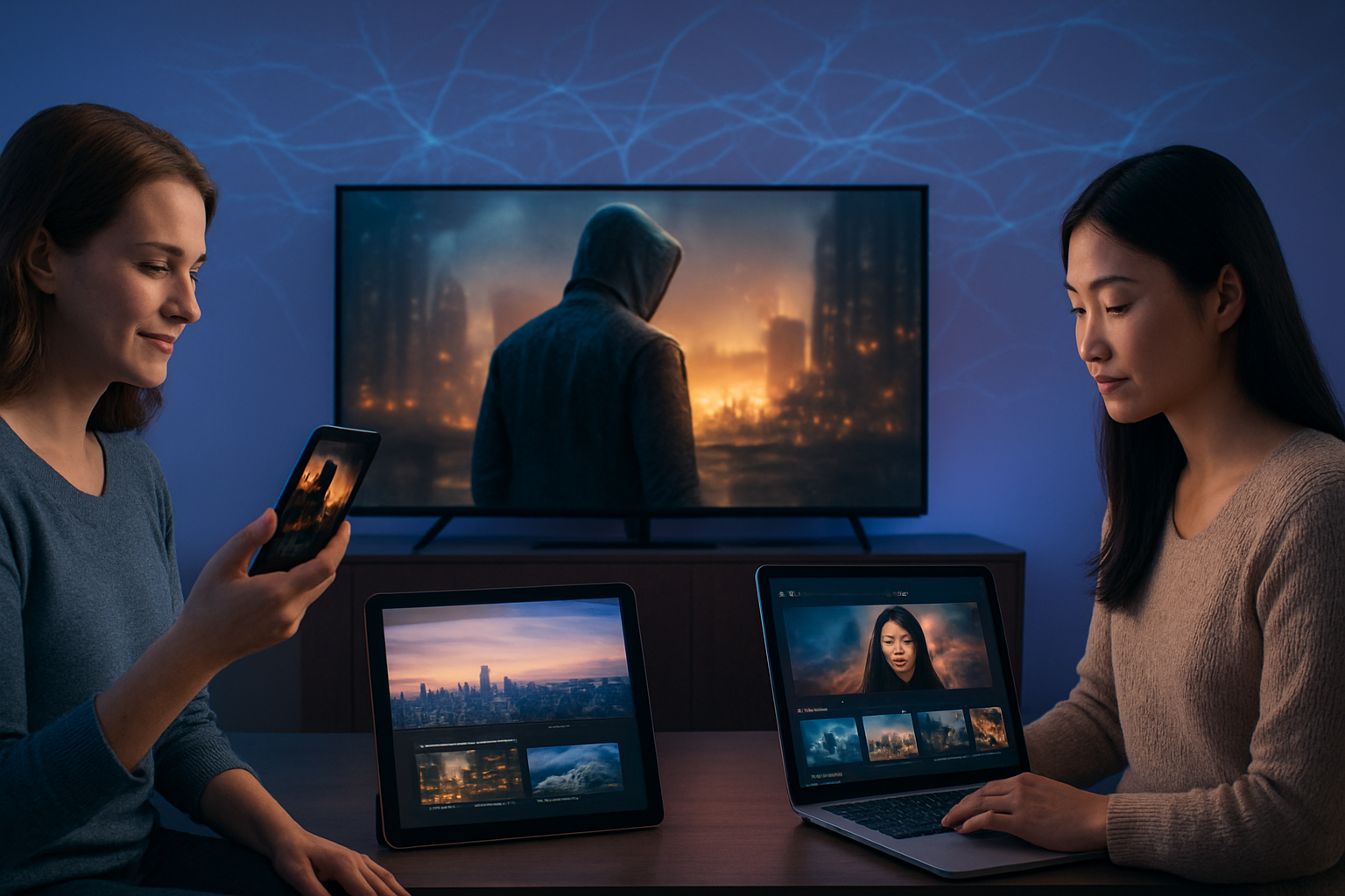 Create a realistic image of multiple diverse screens and devices displaying different personalized content simultaneously, including smartphones, tablets, smart TVs, and laptops showing customized movie recommendations, personalized news feeds, and tailored streaming content, with subtle AI neural network visualization patterns flowing between the devices in the background, set in a modern digital environment with soft blue and purple ambient lighting, featuring a diverse group including a white female, black male, and Asian female each engaging with different personalized media content on their respective devices, absolutely NO text should be in the scene.