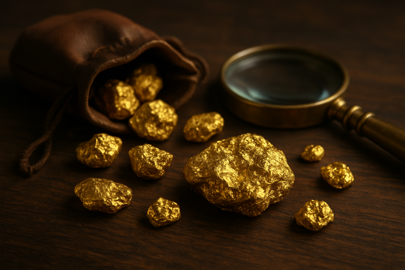 Create a realistic image of several natural gold nuggets of varying sizes arranged elegantly on a dark wooden surface, with some nuggets partially spilling from a small leather pouch, complemented by a vintage brass magnifying glass positioned nearby to suggest examination and authentication, soft warm lighting illuminating the golden surfaces creating natural highlights and reflections, professional photography style with shallow depth of field focusing on the largest nugget in the foreground, rich textures visible on both the raw gold and wooden background, conveying luxury and investment value in a sophisticated setting, absolutely NO text should be in the scene.