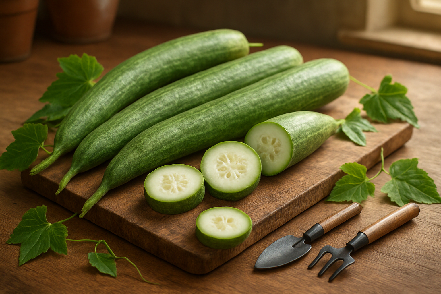 Create a realistic image of fresh snake melons arranged on a rustic wooden cutting board, showing both whole and sliced snake melons revealing their white flesh and seed cavity, surrounded by green leaves and small gardening tools, set against a warm kitchen counter background with soft natural lighting streaming from a window, creating an inviting and educational atmosphere that summarizes the complete journey from garden to table, absolutely NO text should be in the scene.