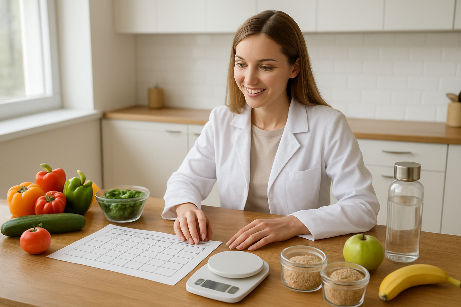 Create a realistic image of a white female nutritionist in her 30s sitting at a modern kitchen table with a laptop open, surrounded by practical meal planning tools including a weekly meal planner chart, measuring cups, a food scale, fresh colorful vegetables, fruits, whole grains in glass containers, a water bottle, and a notebook with a pen, all arranged in an organized manner on a clean wooden table surface with natural lighting coming through a window, creating a productive and health-focused atmosphere that conveys strategic meal planning and implementation, absolutely NO text should be in the scene.