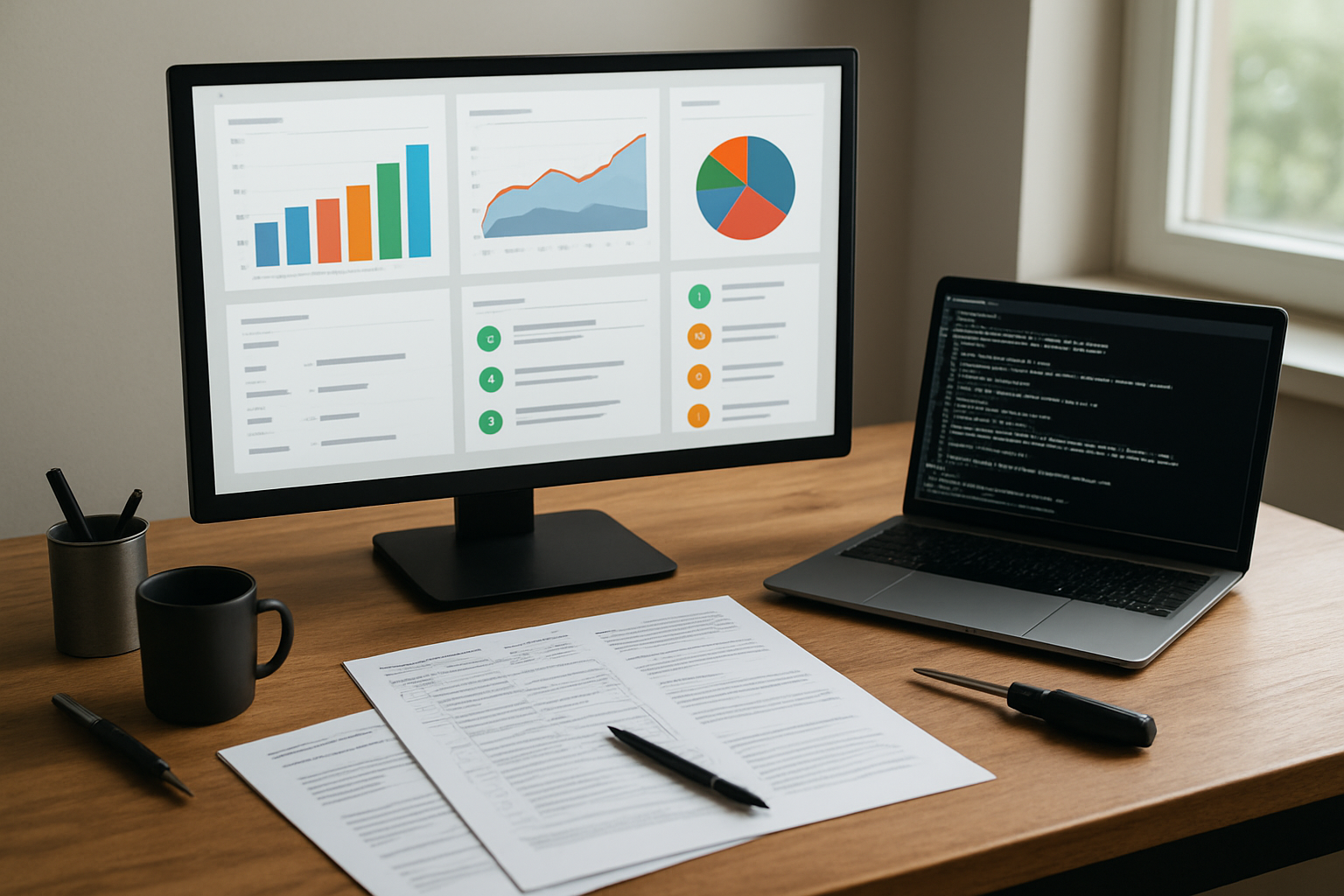 Create a realistic image of a modern tech workspace showing a computer monitor displaying colorful dashboard analytics with green checkmarks and warning indicators, a laptop with terminal windows open showing system logs, testing documentation spread on a wooden desk, a coffee mug, and debugging tools, with soft natural lighting from a window creating a focused problem-solving atmosphere, absolutely NO text should be in the scene.