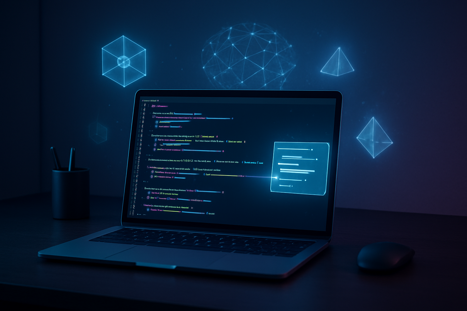 Create a realistic image of a modern computer workspace showing a sleek laptop with code editor interface on screen, featuring AI-powered cursor highlighting and code suggestions, with floating holographic elements representing AI agents as translucent geometric shapes and neural network patterns around the screen, dark professional desk setup with ambient blue and purple lighting, clean minimalist background with subtle tech ambiance, focus on the intelligent cursor interaction with code lines, absolutely NO text should be in the scene.