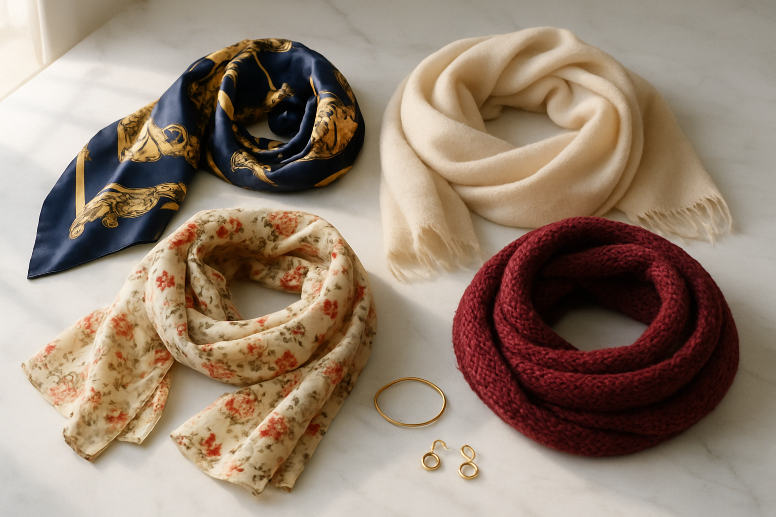Create a realistic image of an elegant arrangement of various scarves and wraps displayed on a clean white marble surface, featuring different textures and colors including a silk patterned scarf in navy and gold, a soft cashmere wrap in cream, a lightweight cotton scarf with floral print, and a textured knit infinity scarf in burgundy, with some scarves artfully draped and others folded, complemented by subtle jewelry accessories like gold earrings and a delicate bracelet nearby, shot with soft natural lighting from a window creating gentle shadows, warm and inviting mood suggesting affordable luxury and style enhancement, absolutely NO text should be in the scene.