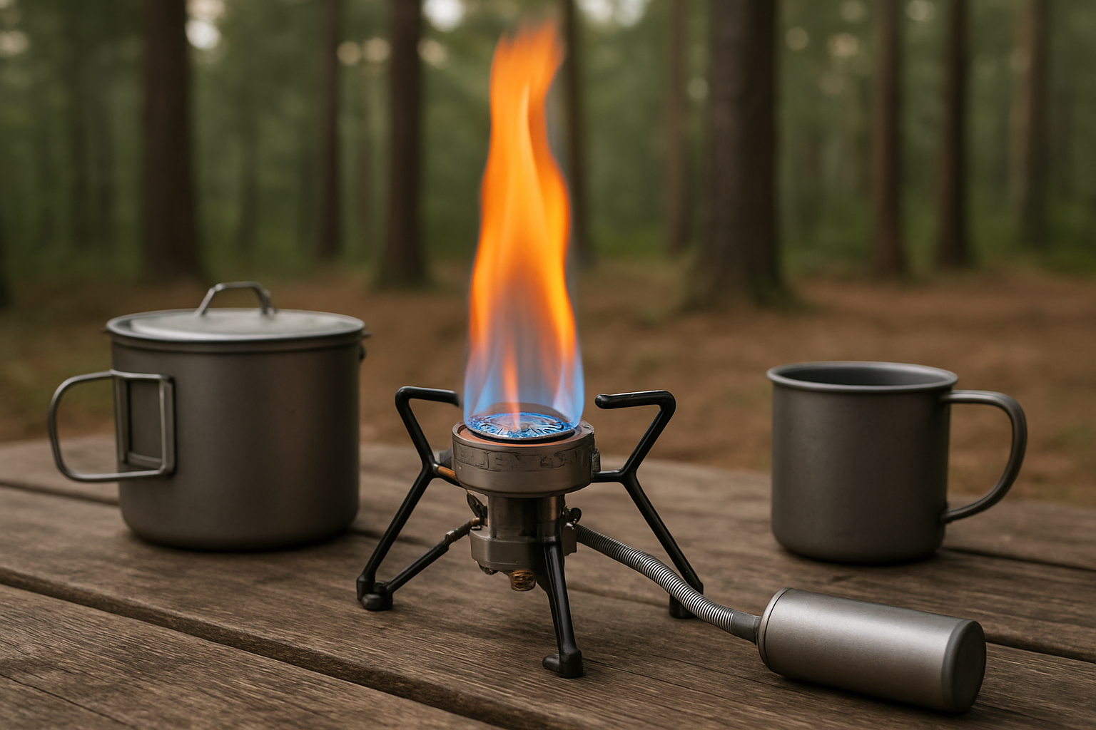 Create a realistic image of a close-up view of a modern camping stove with orange and blue flames burning brightly, positioned on a wooden picnic table in a serene forest campsite setting, with a few essential camping cooking items like a lightweight pot and camping mug nearby, surrounded by tall pine trees in soft natural daylight filtering through the canopy, creating a peaceful and practical outdoor cooking atmosphere that conveys confidence and satisfaction in making the right equipment choice, absolutely NO text should be in the scene.