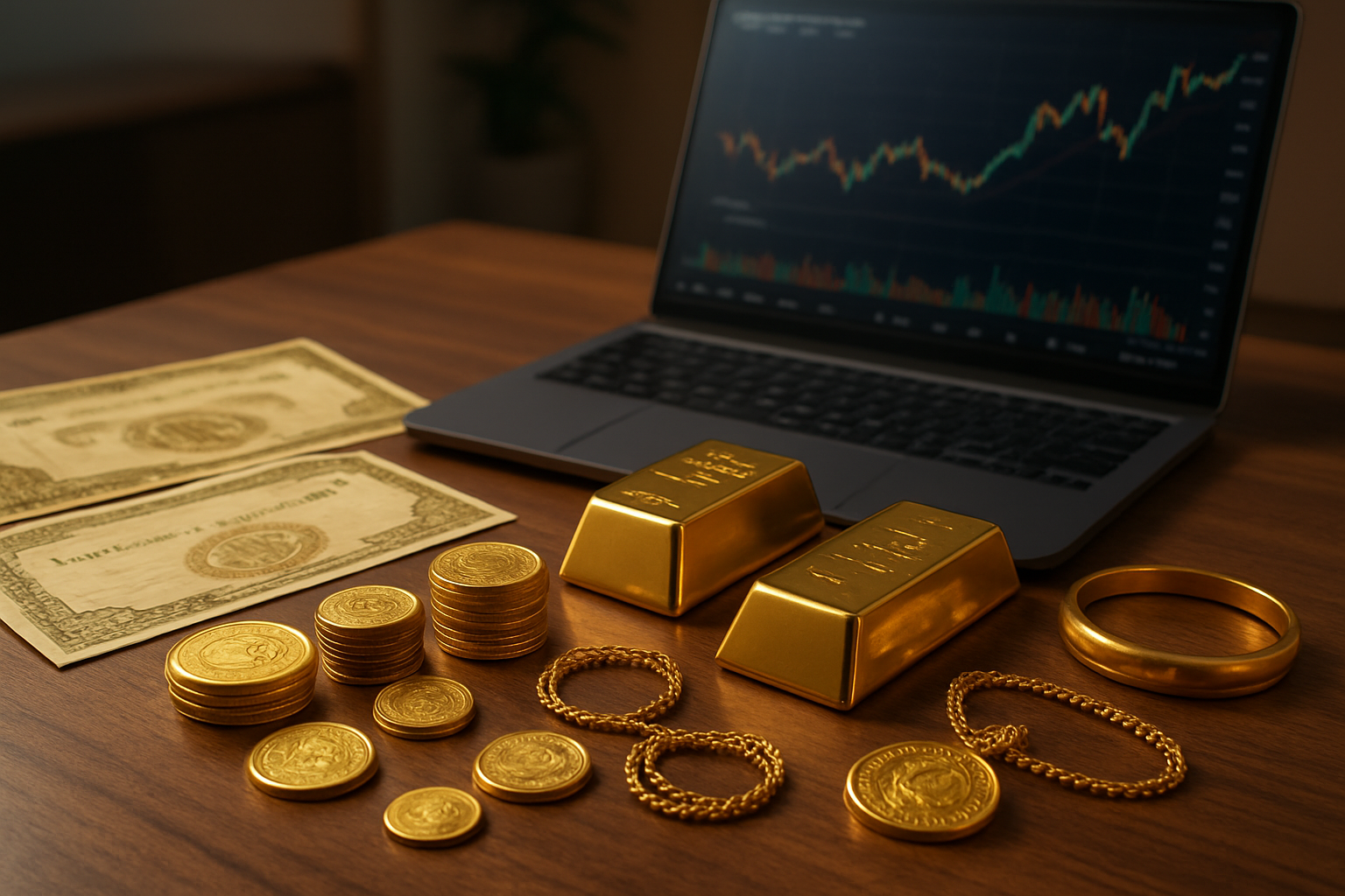 Create a realistic image of various gold investment options displayed on a modern wooden desk including gold coins, gold bars, gold ETF certificates, and gold jewelry pieces, with a laptop showing financial charts in the background, professional lighting casting warm reflections on the gold items, clean office environment with subtle Indian financial market elements, Absolutely NO text should be in the scene.