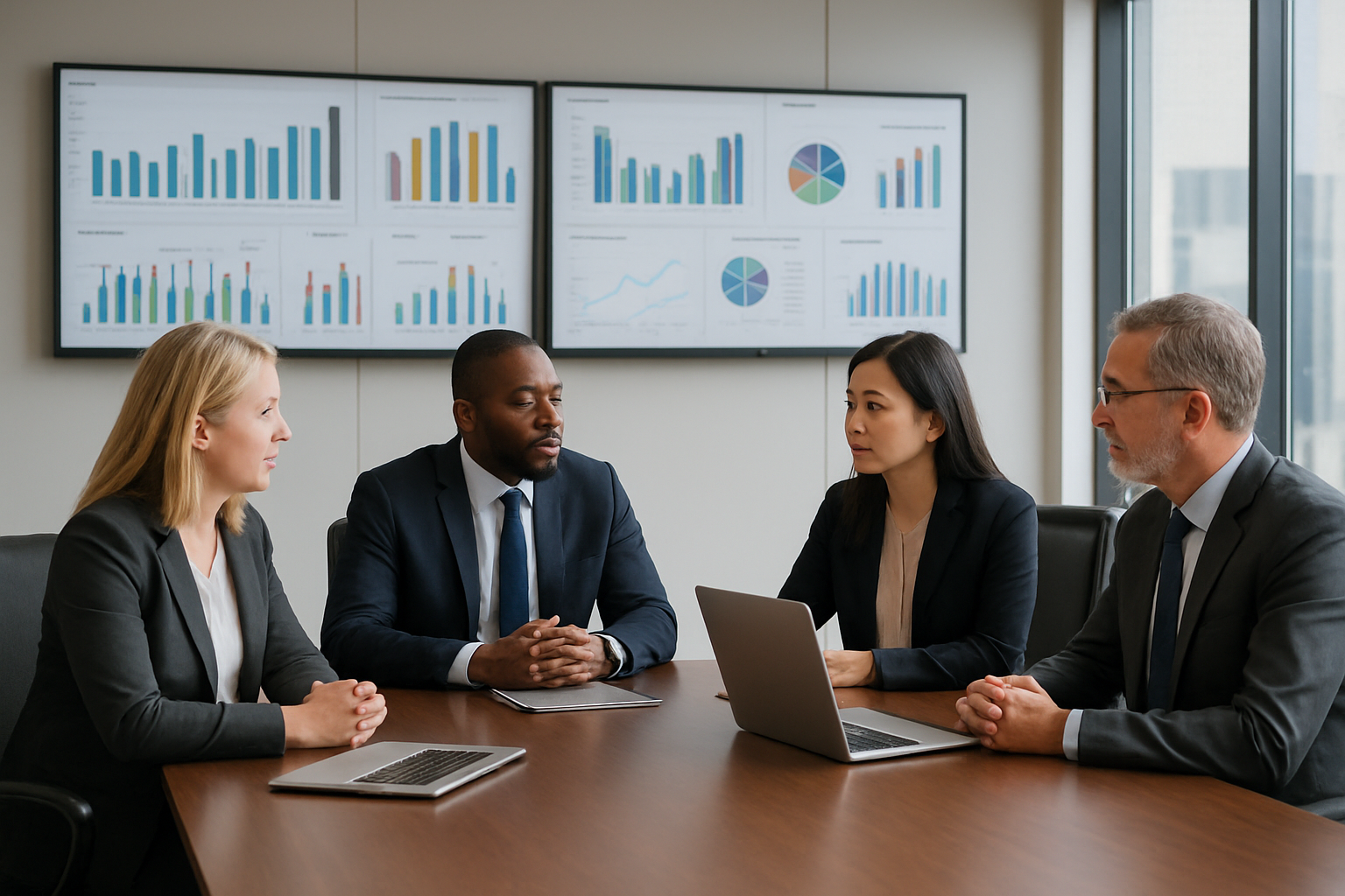 Create a realistic image of a modern corporate boardroom with diverse business professionals including white female, black male, and Asian female executives sitting around a sleek conference table, with multiple large wall-mounted displays showing various data visualizations including charts, graphs, and analytics dashboards beyond just compensation data, depicting organizational metrics like performance, diversity, training, and employee development, with natural lighting from large windows, professional atmosphere, and laptops open on the table suggesting strategic planning and data-driven decision making, absolutely NO text should be in the scene.