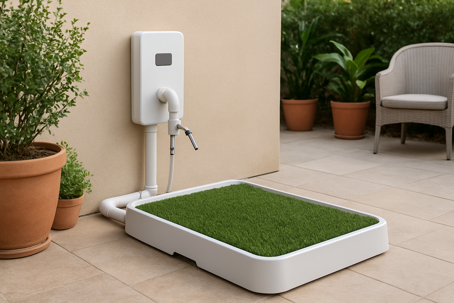 Create a realistic image of a modern flushable pup patio potty system displayed on a clean outdoor patio, featuring a rectangular synthetic grass pad with drainage system connected to plumbing pipes, water spray nozzles for cleaning, and a control panel mounted on a nearby wall, surrounded by potted plants and patio furniture in soft natural daylight, showing the complete setup in an organized and functional arrangement, absolutely NO text should be in the scene.