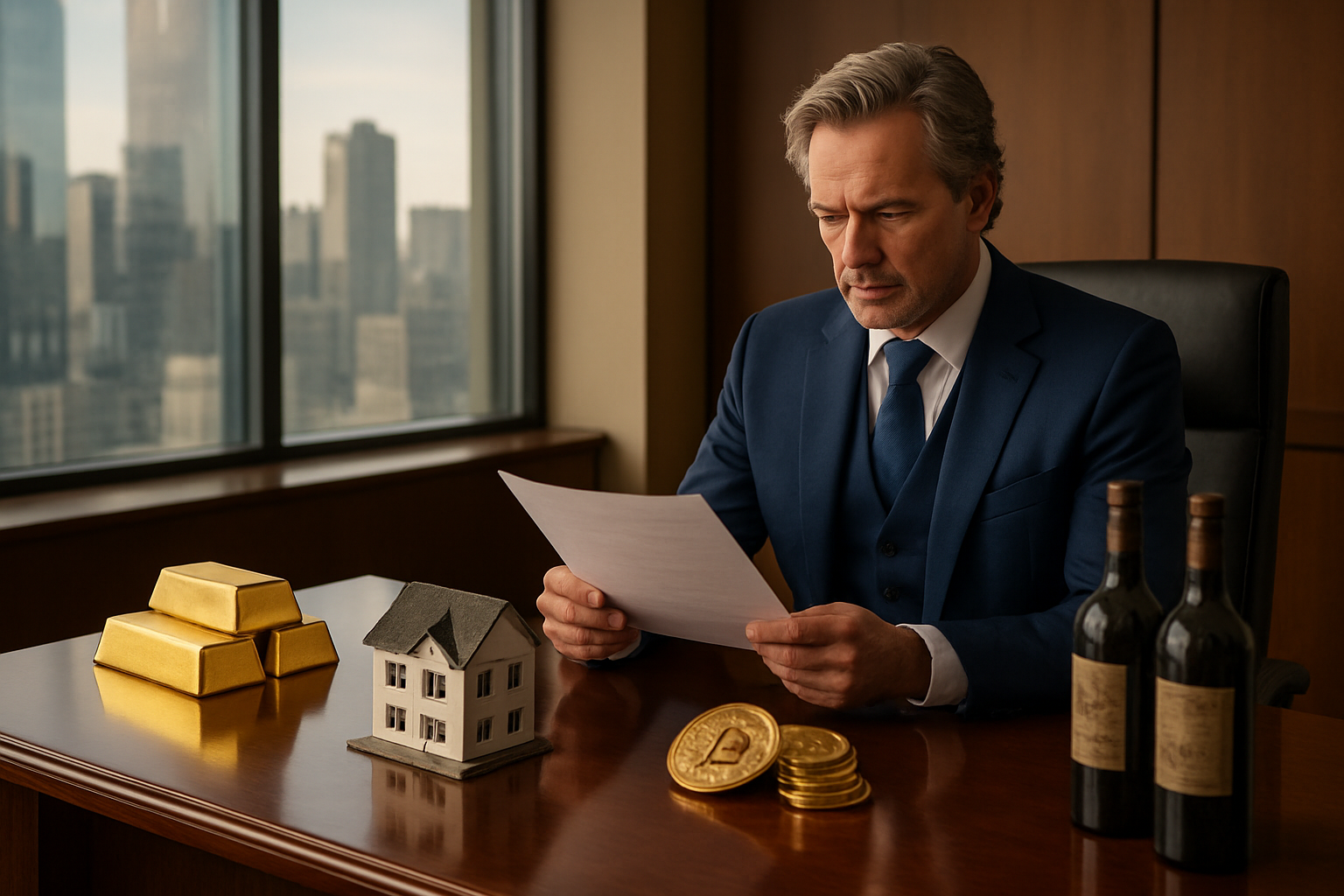 Create a realistic image of an elegant modern office setting with a polished mahogany desk displaying various alternative investment symbols including gold bars, a miniature real estate model, art pieces, cryptocurrency coins, and vintage wine bottles, with a sophisticated middle-aged white male investor in a tailored navy suit examining documents, surrounded by floor-to-ceiling windows showing a city skyline, warm natural lighting creating a professional yet luxurious atmosphere, absolutely NO text should be in the scene.