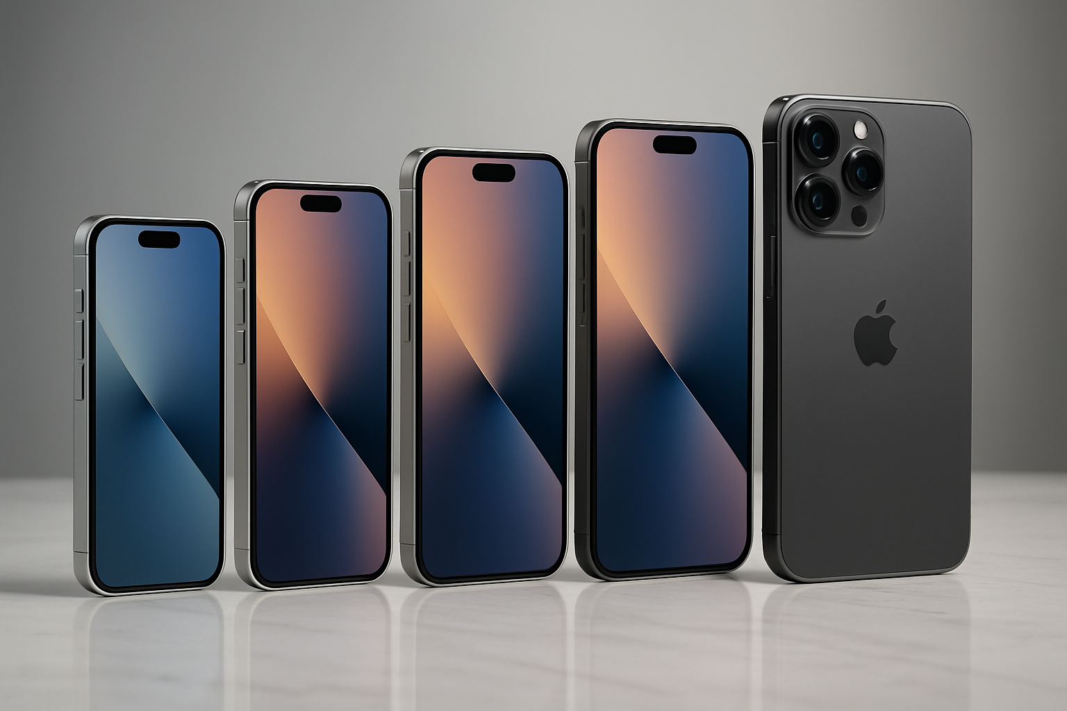 Create a realistic image of multiple iPhone 17 models in different variants (Mini, standard, Air, Pro, Pro Max) elegantly arranged on a modern white marble surface with soft reflections, showing the devices from slightly angled front views to display their screens and premium finishes, with subtle ambient lighting creating gentle shadows, a clean minimalist background with soft gray gradients, and a sophisticated tech showroom atmosphere that conveys premium quality and careful comparison, absolutely NO text should be in the scene.
