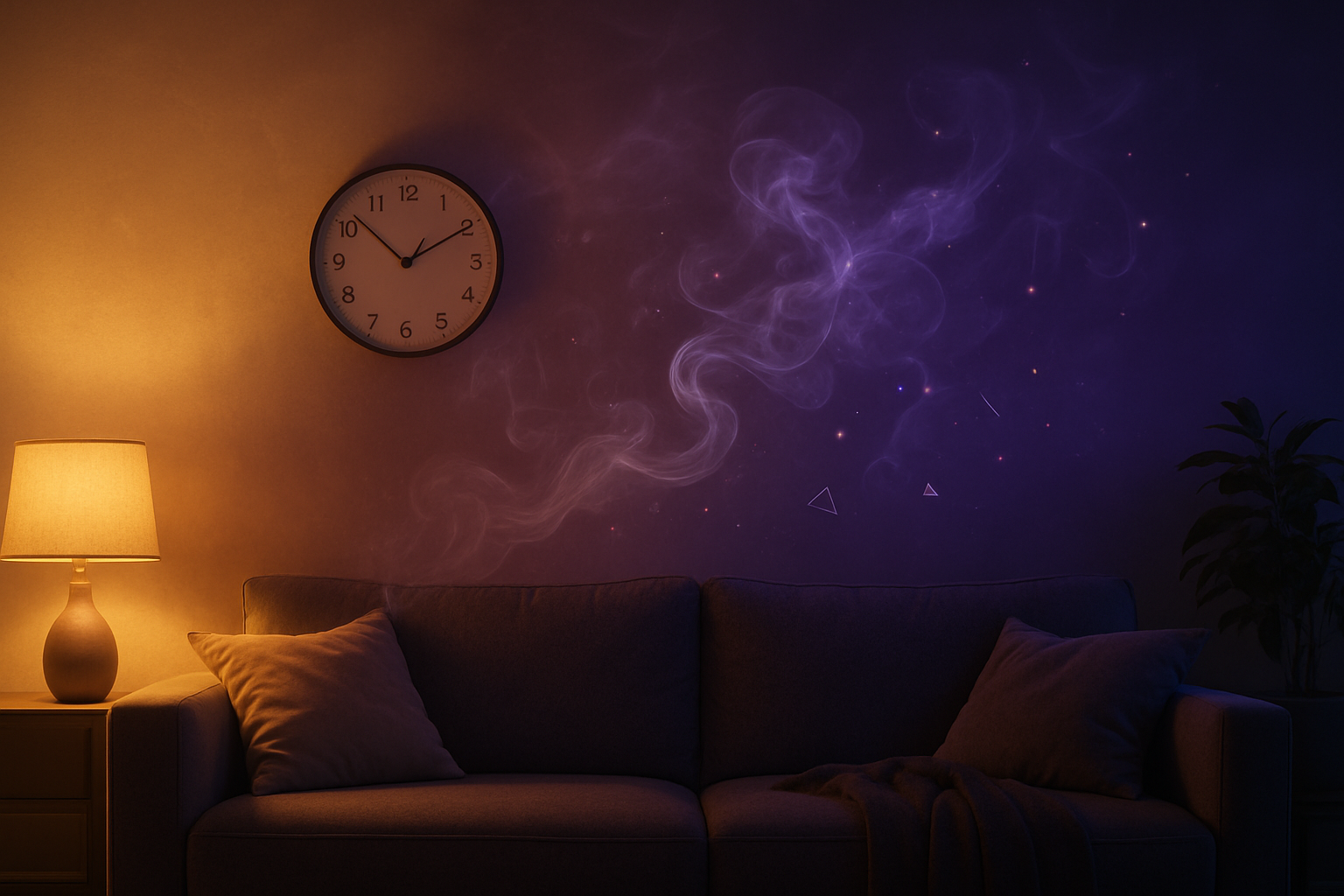 Create a realistic image of a serene indoor setting showing the progression of cannabis effects through visual metaphors, featuring a comfortable modern living room with soft ambient lighting, a clock on the wall showing different time phases, gentle smoke wisps in the air creating ethereal patterns, warm golden and purple lighting gradients suggesting different stages of experience, plush cushions and a cozy atmosphere, with subtle visual elements like floating geometric shapes or light particles to represent the timeline of effects, all captured in moody evening lighting with no people present, absolutely NO text should be in the scene.
