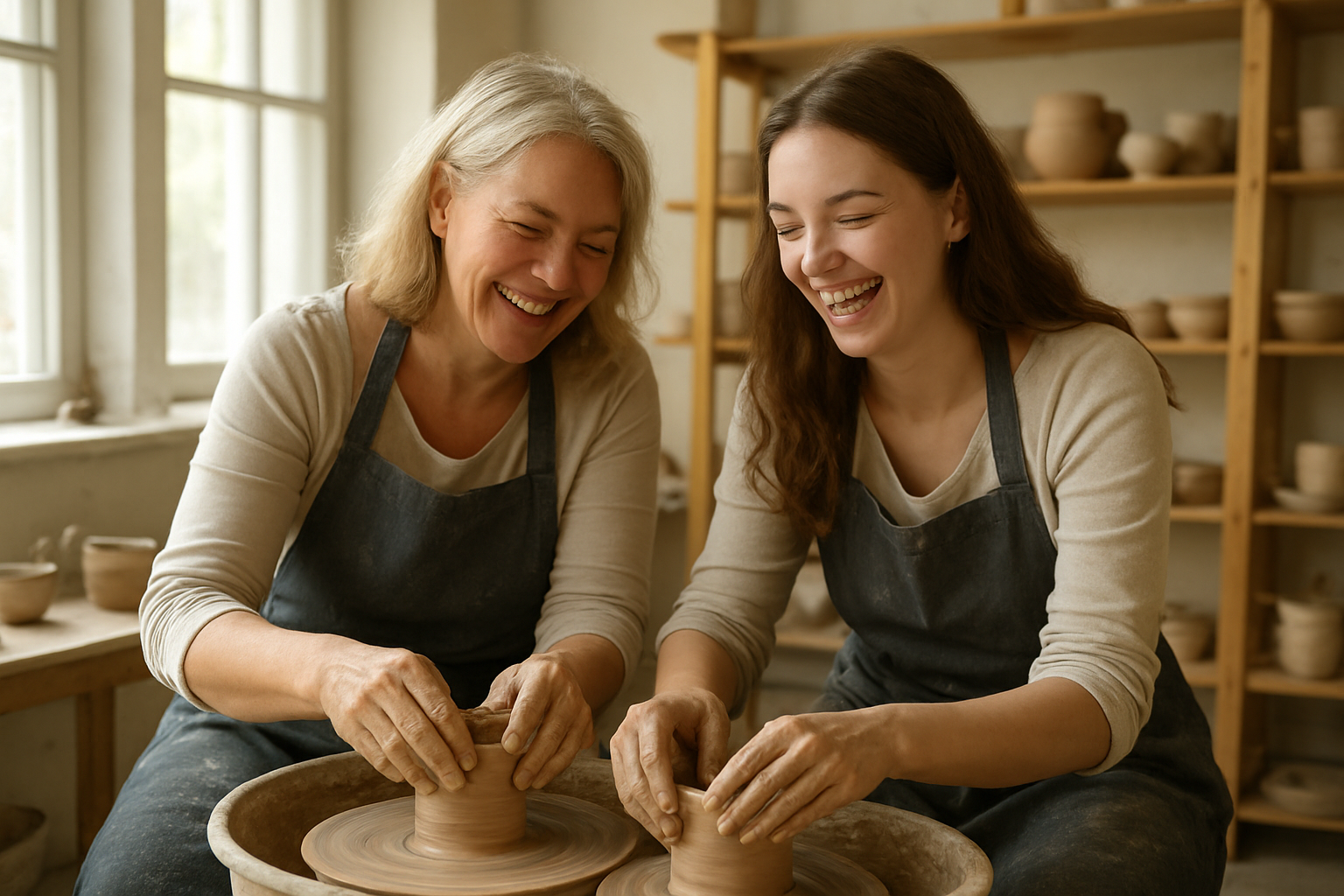 Create a realistic image of a white mother and her adult daughter enjoying a pottery-making class together, both wearing aprons and working with clay on pottery wheels, their hands covered in clay as they laugh and share the creative experience, set in a bright, airy art studio with natural lighting streaming through large windows, pottery tools and finished ceramic pieces visible on wooden shelves in the background, capturing a joyful bonding moment through shared creativity, warm and inviting atmosphere with soft natural lighting, absolutely NO text should be in the scene.