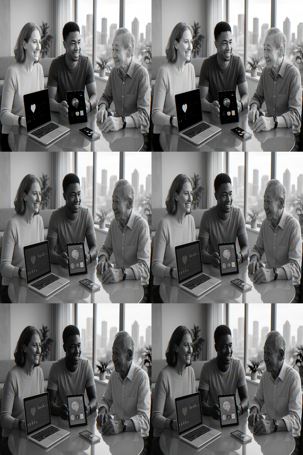 Create a realistic image of a diverse group of people including a middle-aged white female, a young black male, and an elderly Asian male sitting around a modern glass table with sleek laptops, smartphones, and tablets displaying health monitoring apps and brain training games, set in a bright contemporary living space with large windows showing a city skyline, soft natural lighting creating a warm and optimistic atmosphere, with digital health wearables visible on their wrists, potted plants adding life to the scene, and the overall mood conveying hope, vitality, and technological empowerment, absolutely NO text should be in the scene.