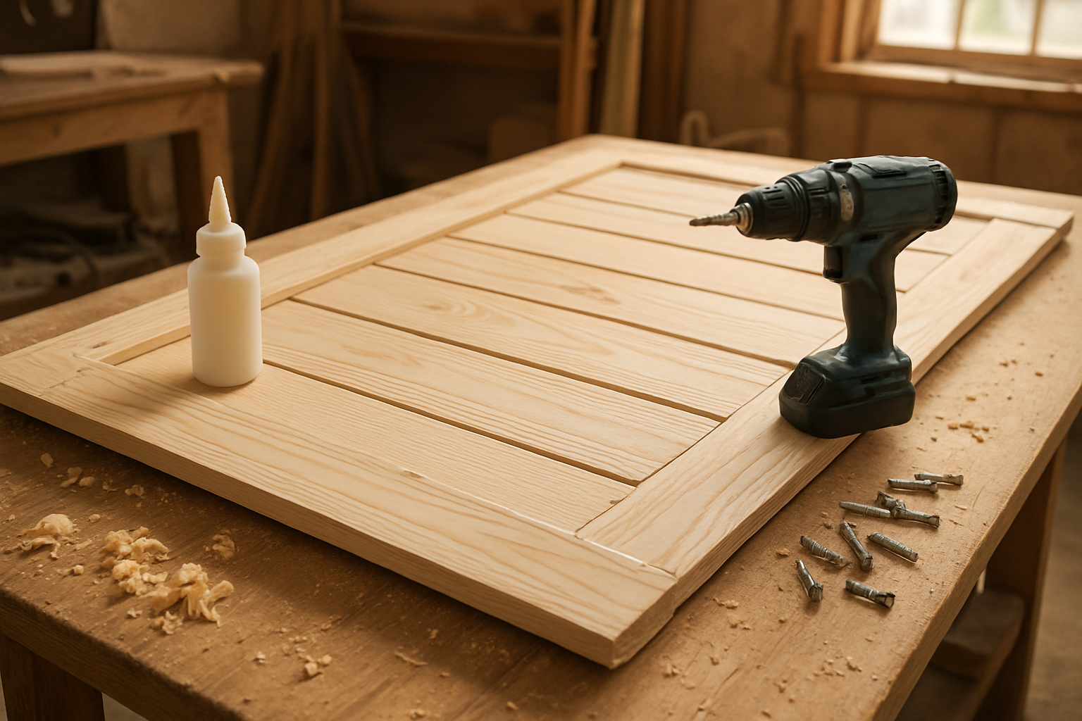 Create a realistic image of wooden shiplap boards being attached to form a door panel, showing horizontal wood planks with characteristic overlapping edges being secured together, construction tools like a drill and screws visible nearby, wood glue being applied between joints, the partially assembled door panel lying flat on a wooden workbench in a well-lit workshop setting with natural lighting coming through windows, wood shavings scattered around the work area, Absolutely NO text should be in the scene.