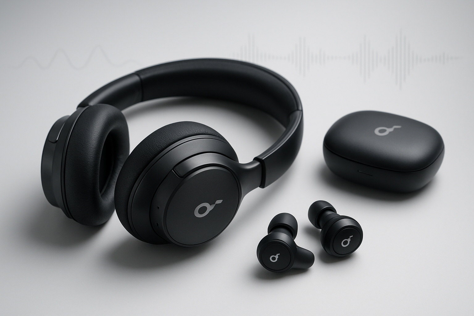 Create a realistic image of a close-up view of modern Soundcore wireless earbuds and headphones arranged on a clean white surface with subtle sound wave visualizations and audio frequency graphs floating subtly in the background, professional studio lighting with soft shadows, sleek black and metallic audio devices as the main focus, minimal tech laboratory environment, crisp and clean aesthetic suggesting precision audio testing, absolutely NO text should be in the scene.