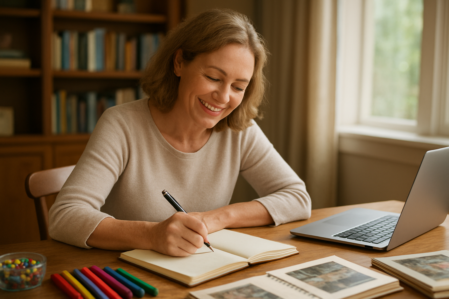 Create a realistic image of a middle-aged white woman sitting at a wooden desk writing in a journal with a warm smile, surrounded by creative materials including colorful markers, a laptop computer, photo albums, and craft supplies, with a cozy home office background featuring bookshelves and soft natural lighting from a window, conveying an atmosphere of inspiration and thoughtful reflection. Absolutely NO text should be in the scene.