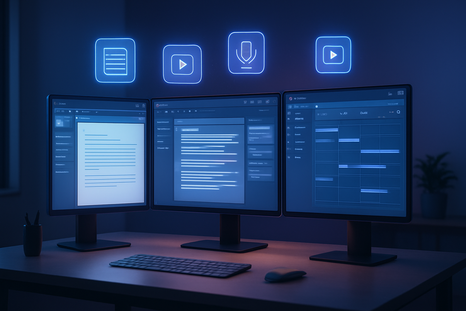 Create a realistic image of a modern workspace showing various AI-powered content creation tools in action, featuring a sleek computer setup with multiple monitors displaying content management interfaces, creative writing applications, and social media scheduling platforms, surrounded by floating holographic icons representing different content types like articles, videos, podcasts, and social posts, with soft blue and purple ambient lighting creating a futuristic atmosphere, clean minimalist desk setup with wireless keyboard and mouse, subtle glow effects emanating from the screens suggesting active AI processing, professional office environment with contemporary furniture, warm yet technological mood conveying efficiency and innovation, absolutely NO text should be in the scene.