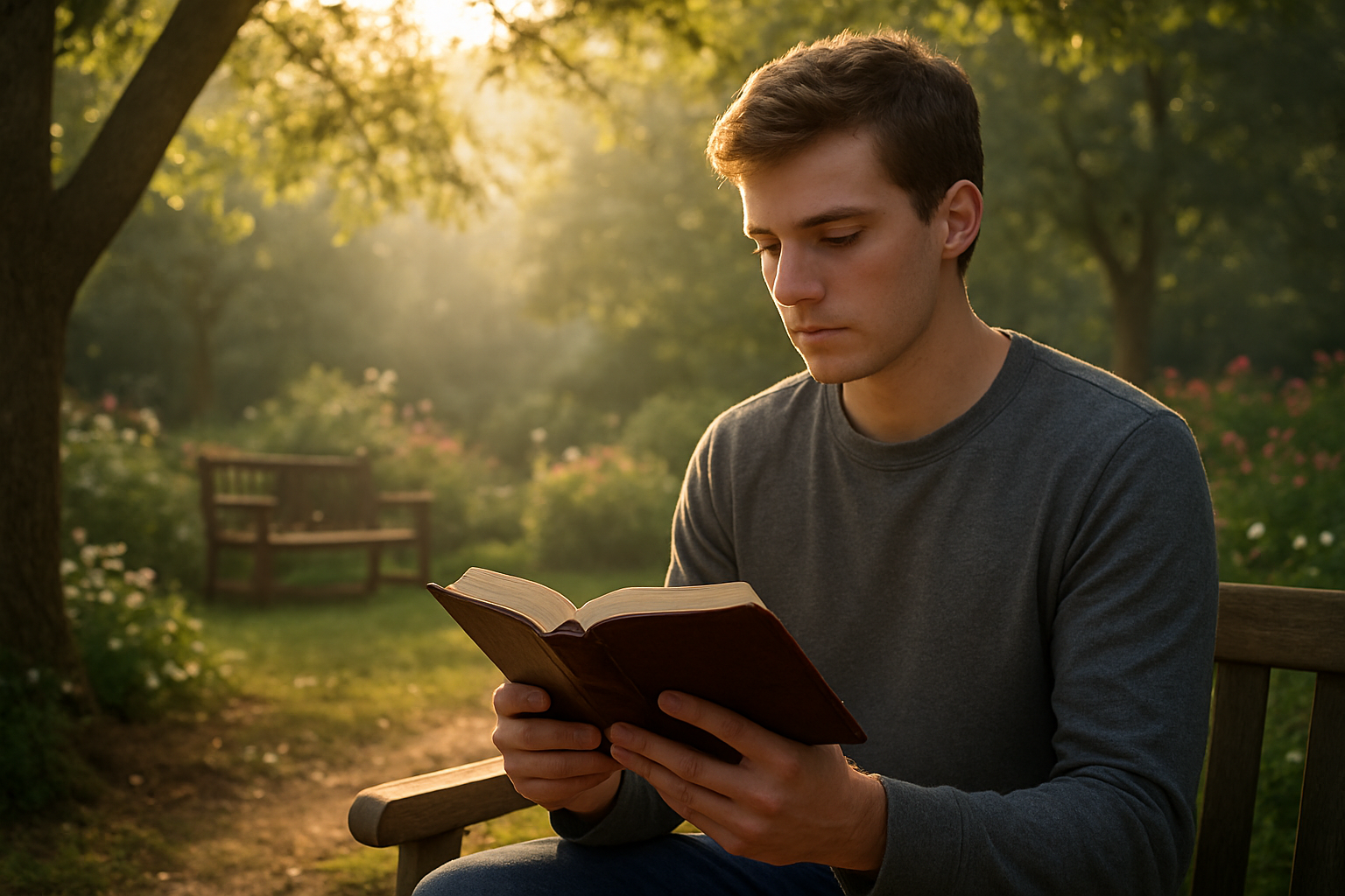 Create a realistic image of a young white male in his twenties sitting peacefully in a quiet outdoor setting, reading a leather-bound Bible under the soft morning sunlight filtering through tree branches, with a serene garden or park background featuring a wooden bench, blooming flowers, and gentle natural lighting that creates a contemplative and spiritually focused atmosphere, absolutely NO text should be in the scene.