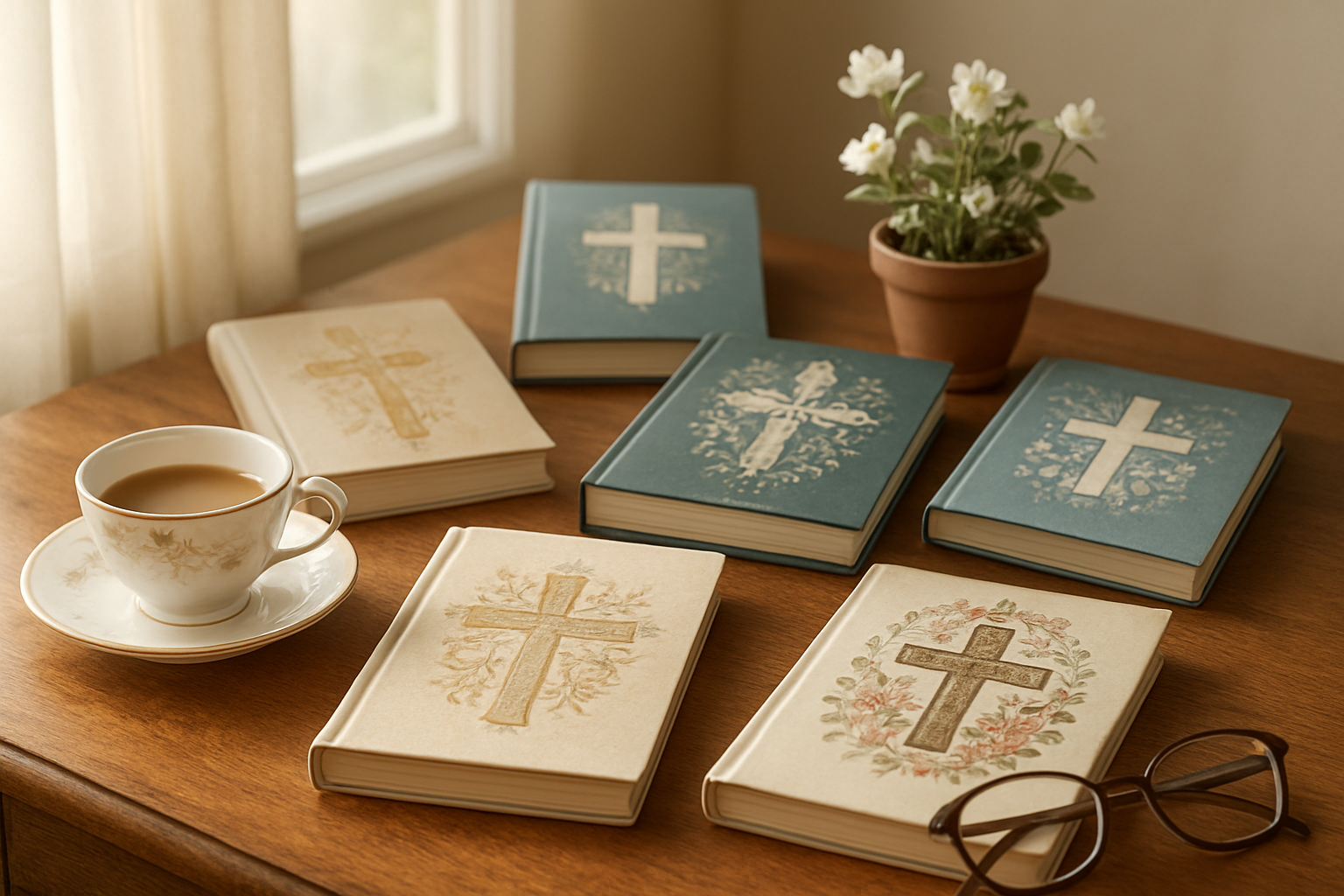 Create a realistic image of an elegant wooden table displaying a collection of inspirational Christian books and devotionals with beautiful covers featuring crosses, doves, and floral designs, alongside a delicate tea cup, reading glasses, a small potted plant with white flowers, and soft natural lighting streaming through a nearby window creating a peaceful and serene atmosphere perfect for spiritual reflection and study. Absolutely NO text should be in the scene.