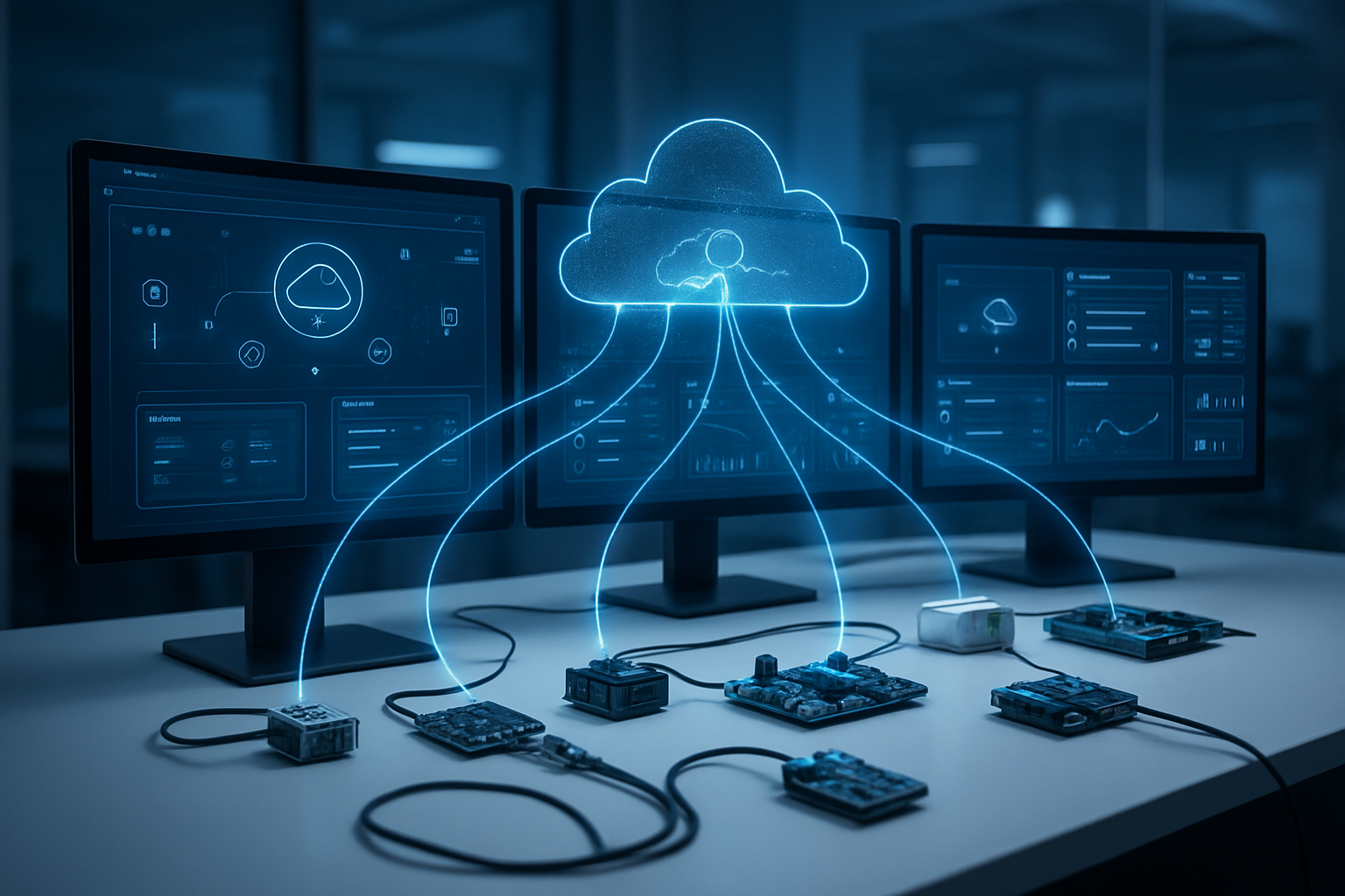 Create a realistic image of a modern cloud computing workspace showing AWS IoT Core configuration interface on multiple computer monitors, with IoT devices like sensors and microcontrollers scattered on a clean white desk, glowing network connection lines visualizing data flow between physical devices and cloud servers in the background, professional office environment with soft blue ambient lighting, sleek technology setup with cables and circuit boards, futuristic digital dashboard displaying device management panels and connectivity status, absolutely NO text should be in the scene.