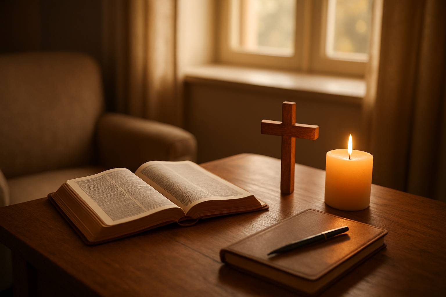 Create a realistic image of a peaceful indoor setting with warm, soft natural lighting streaming through a window, featuring an open Bible on a wooden table alongside a simple wooden cross, a lit candle casting gentle shadows, and a journal with a pen beside it, creating an intimate atmosphere for personal prayer and reflection, with comfortable seating nearby suggesting a quiet space for spiritual contemplation, absolutely NO text should be in the scene.