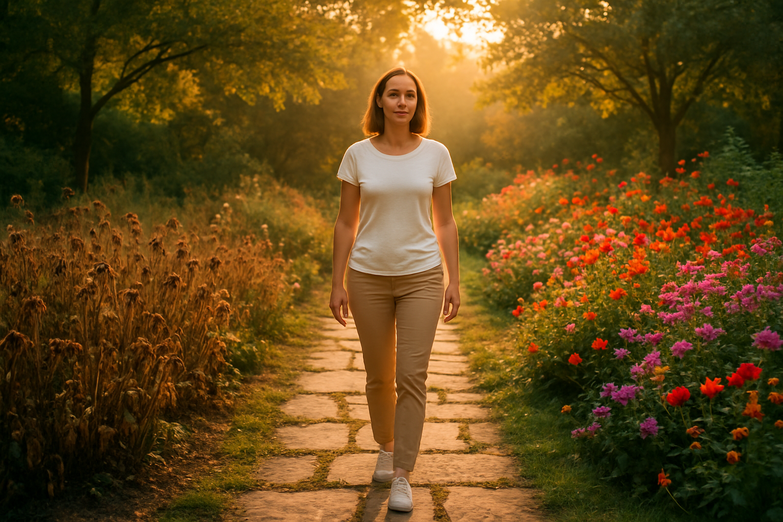 Create a realistic image of a serene garden pathway at golden hour with soft sunlight filtering through trees, featuring a white female figure in her 30s walking confidently forward on a stone path, surrounded by blooming flowers that transition from wilted ones behind her to vibrant colorful blossoms ahead, with a gentle warm lighting that creates a hopeful and peaceful atmosphere, symbolizing growth and new beginnings, shot from a slight distance to show the journey from darkness to light, absolutely NO text should be in the scene.